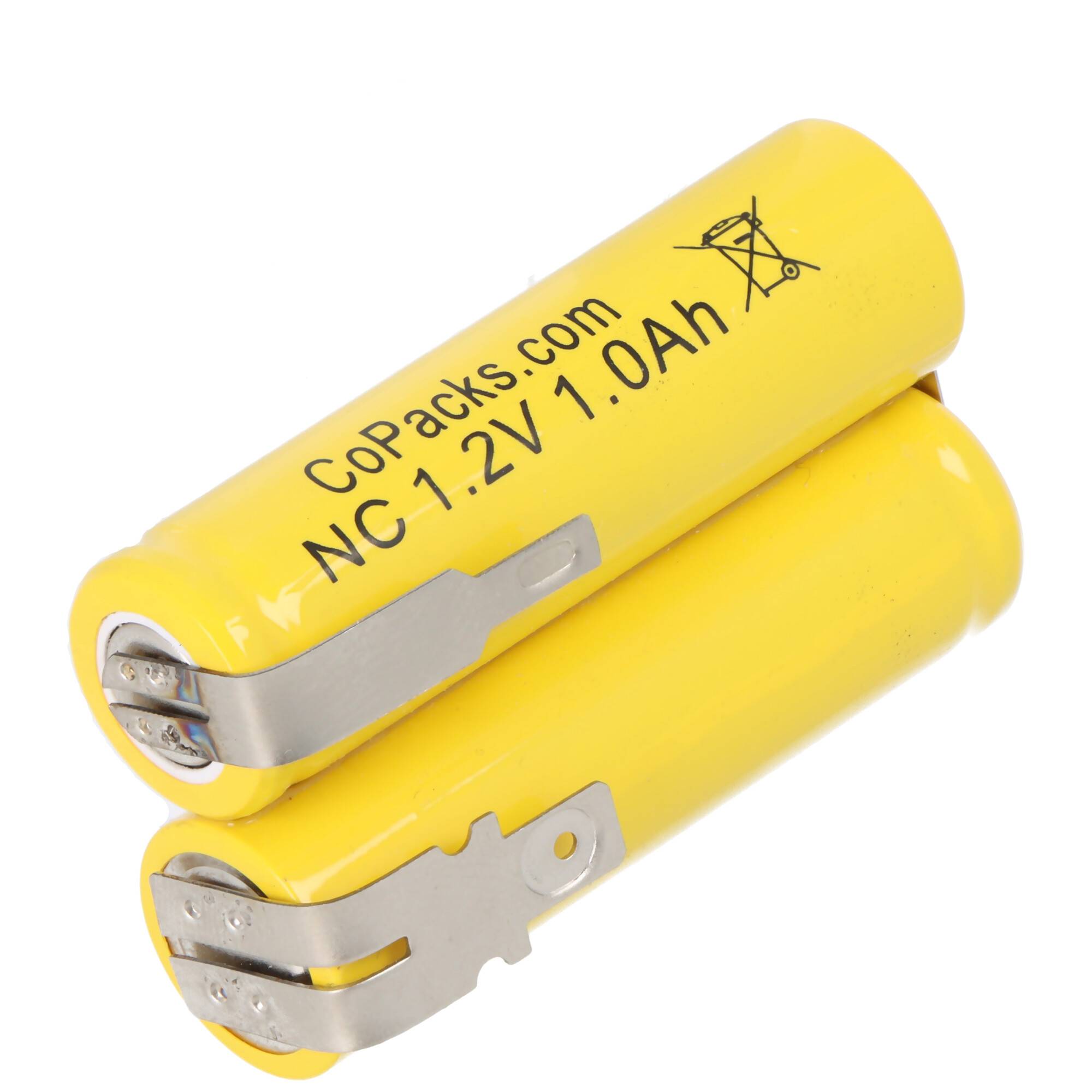 Zwei gelbe wiederaufladbare Batterien mit der Aufschrift „CoPacks.com NC 1.2V 1.0Ah