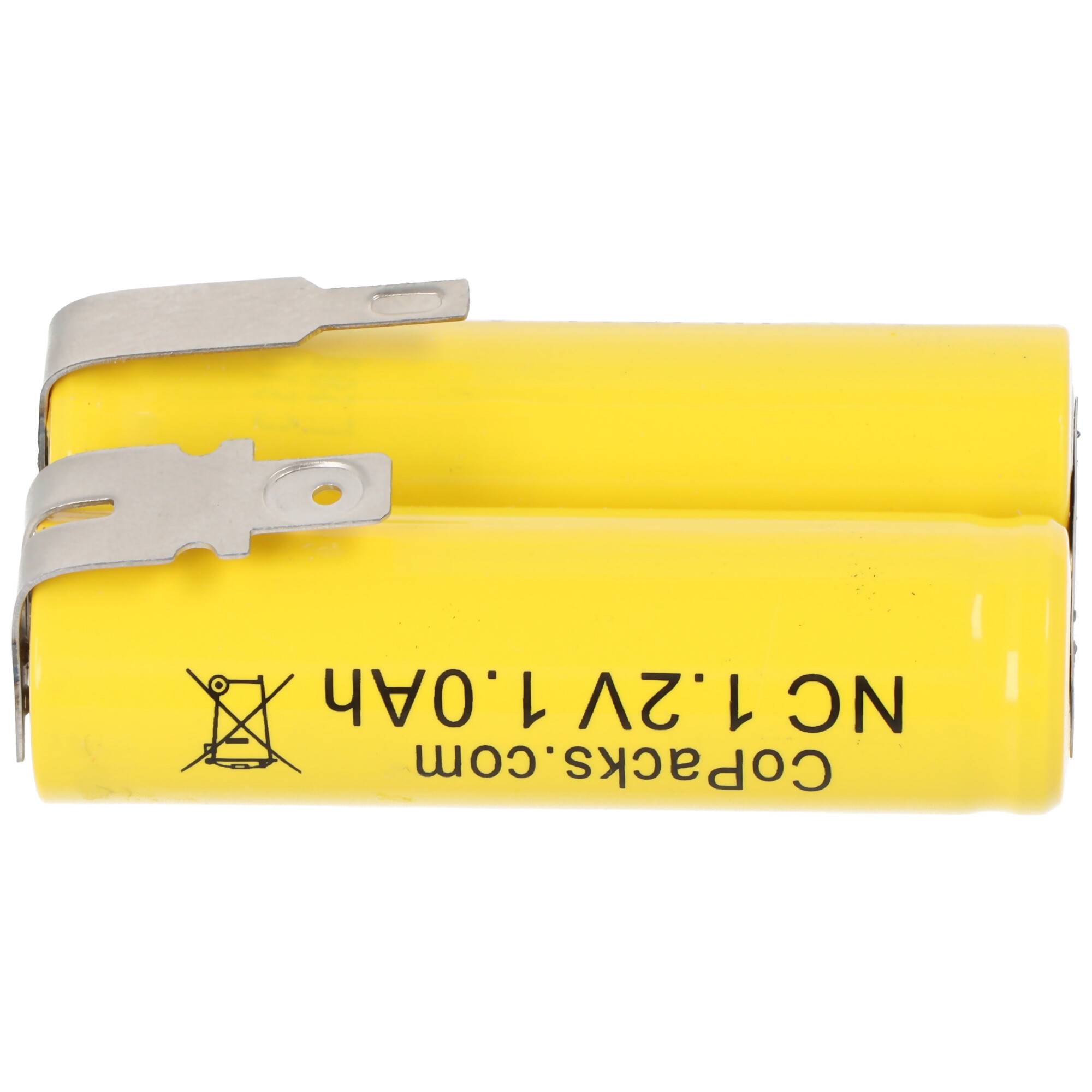 Zwei gelbe zylindrische Batterien mit Metallfahnen, beschriftet mit „Copacks.com NC 1.2V 1.0Ah