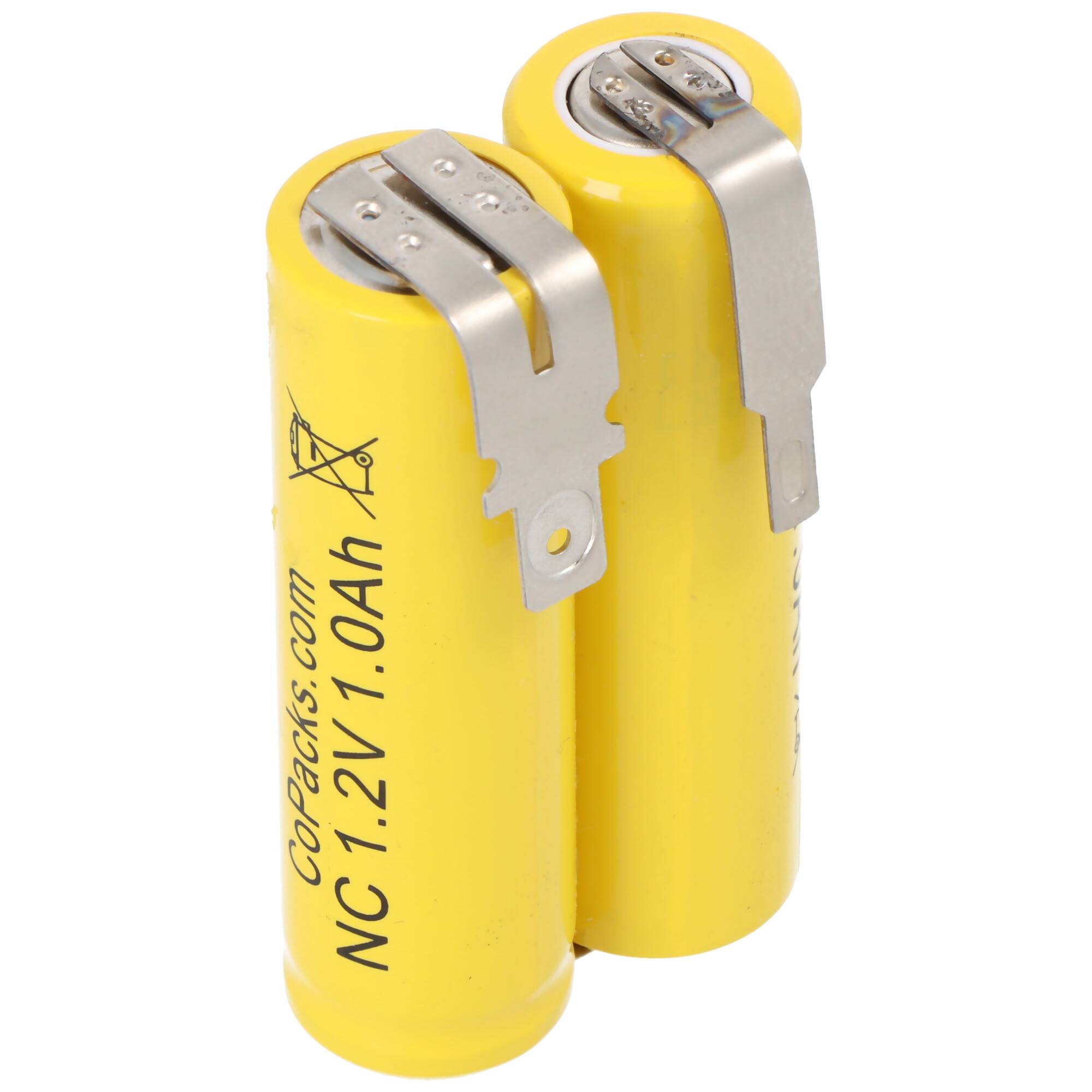 Zwei gelbe wiederaufladbare Batteriezellen mit Metallfahnen, die nebeneinander auf weißem Hintergrund verbunden sind.