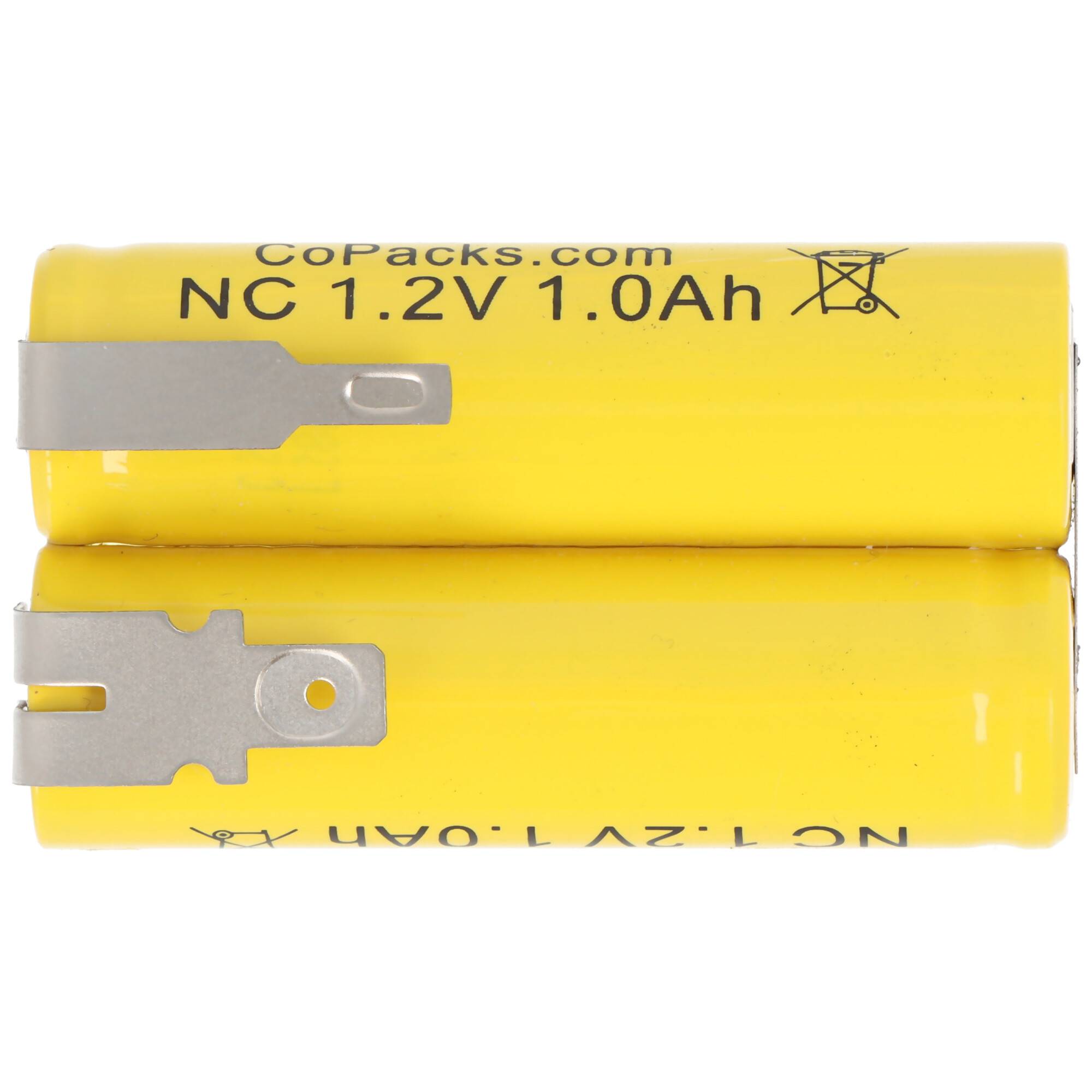 Zwei gelbe zylindrische wiederaufladbare Batterien mit der Aufschrift „CoPacks.com NC 1.2V 1.0Ah