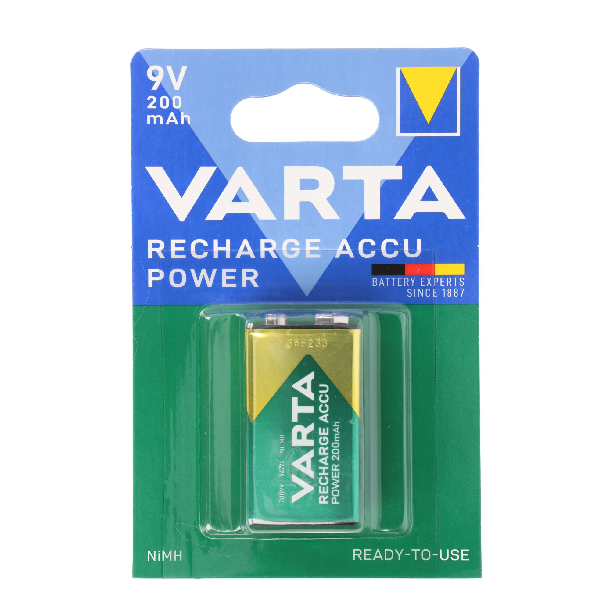 Varta 9V 200 mAh wiederaufladbare NiMH-Batterie in blauer und grüner Einzelhandelsverpackung.