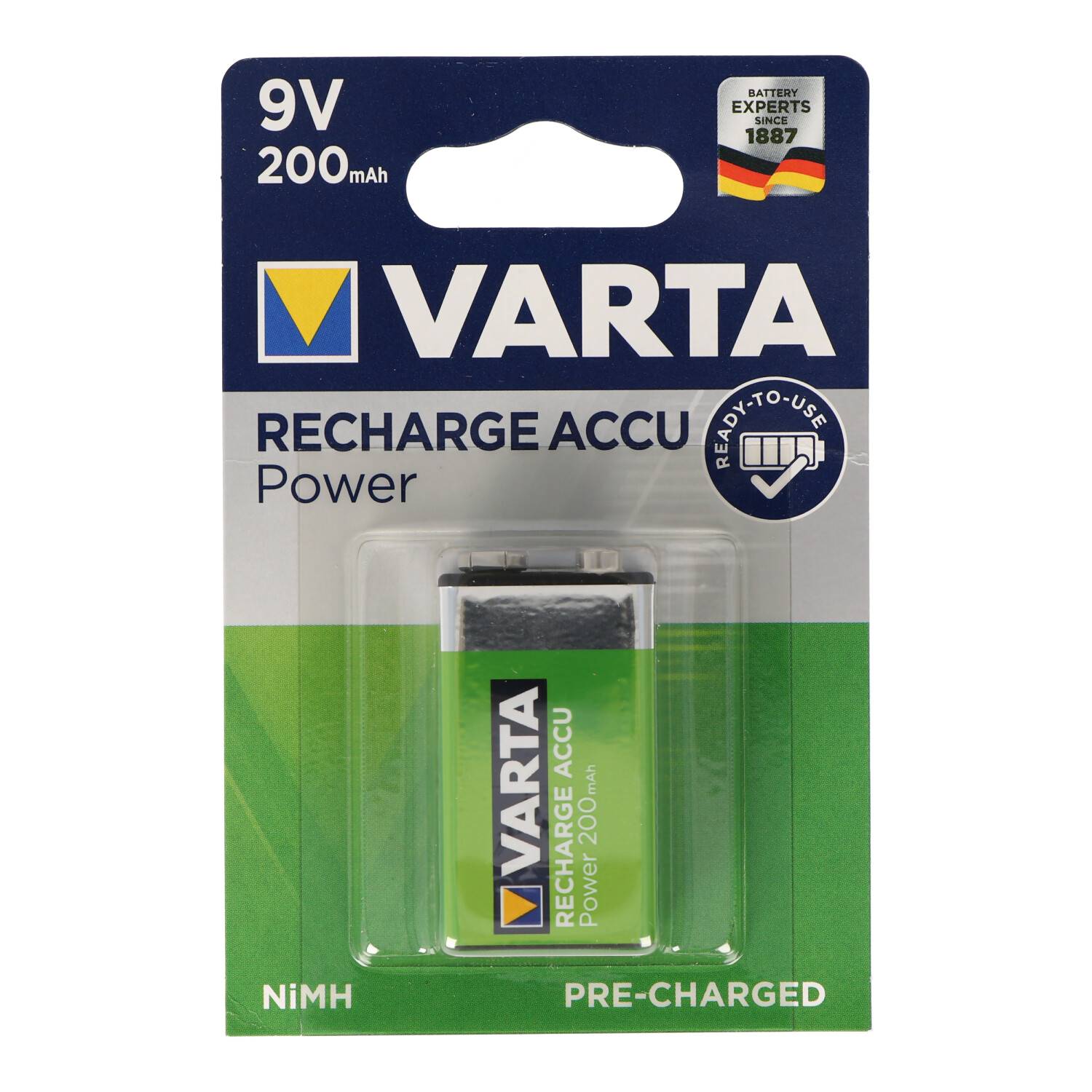 Varta 9V 200mAh wiederaufladbarer NiMH-Akku in Retail-Blisterpackung, mit den Aufdrucken „Recharge Accu Power
