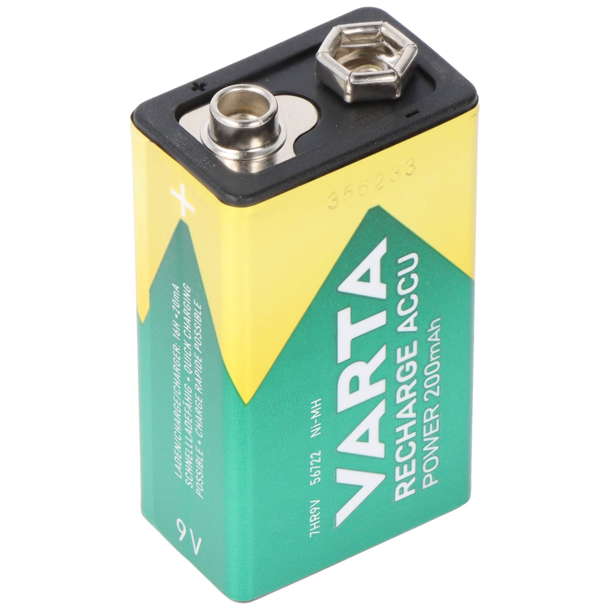 Eine 9-Volt-VIARTA-Wiederaufladbare Batterie mit zwei Metall-Druckknopfanschlüssen, gezeigt auf weißem Hintergrund.