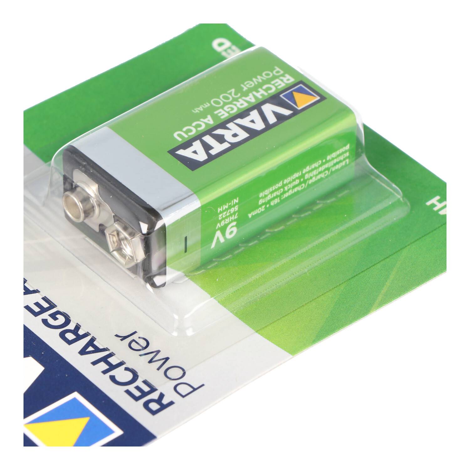 Verpackte Varta Power Accu 9V wiederaufladbare Batterie in grüner und weißer Einzelhandelsverpackung.