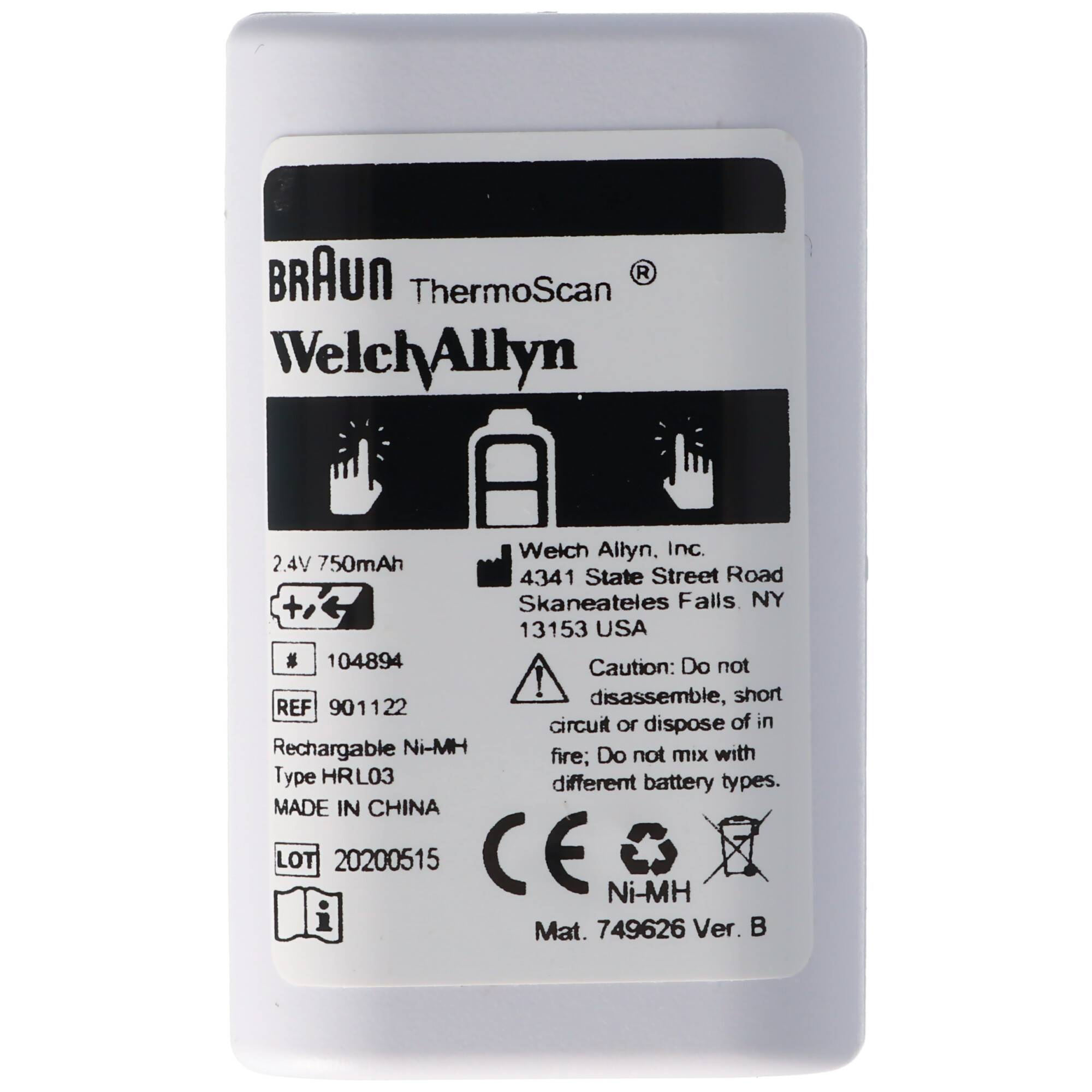 Original NiMH Akku Braun, Welch Allyn Thermoscan Pro 6000 - Typ 104894