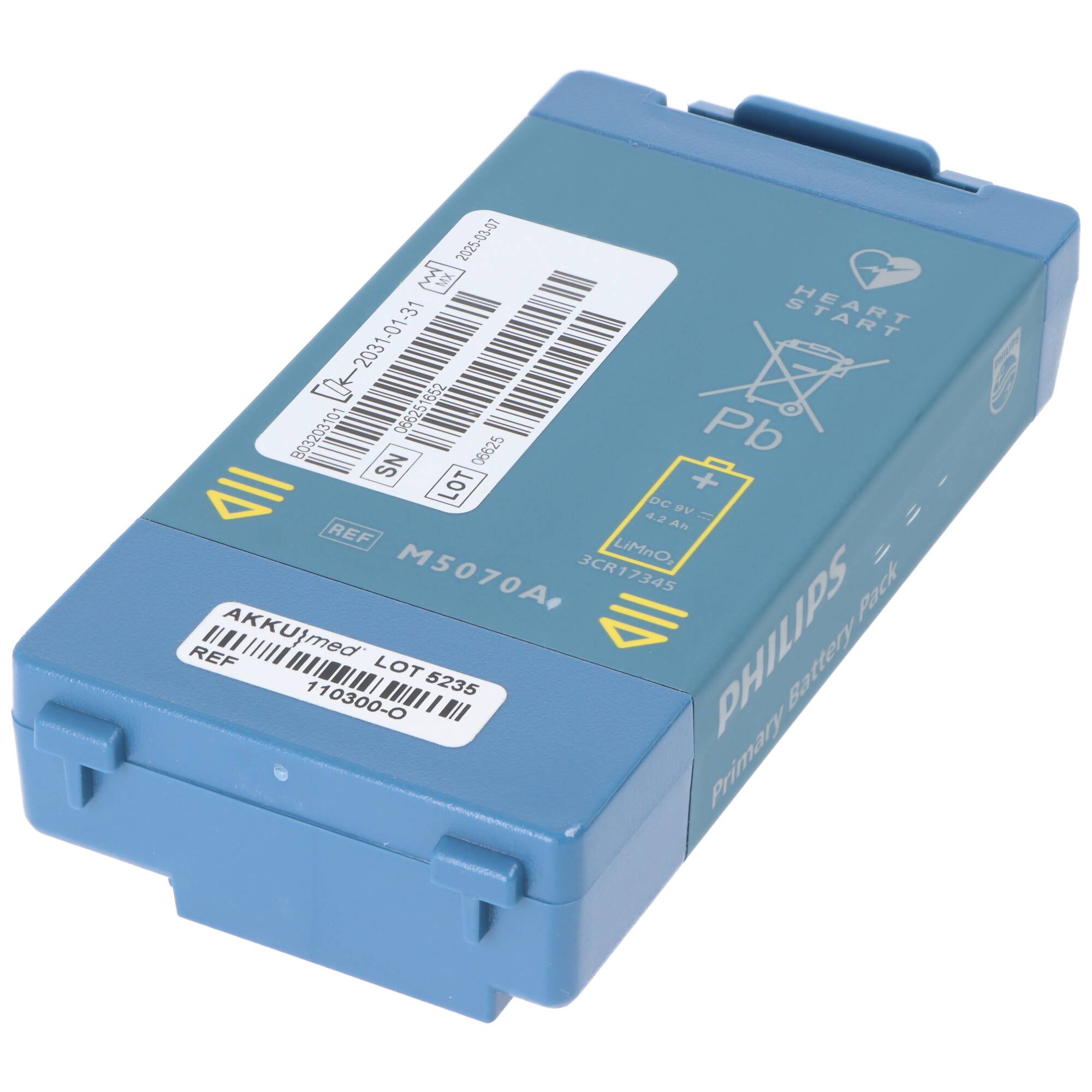 Blaue Philips HeartStart-Defibrillator-Batteriepakete mit Etiketten, Barcodes und 