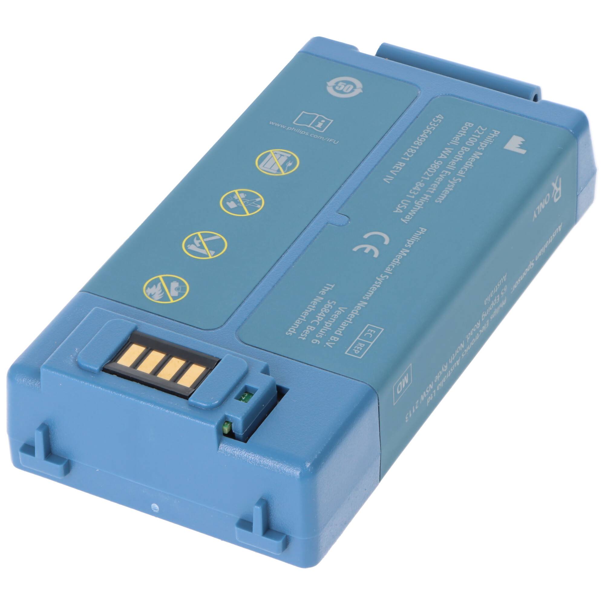 Blaues wiederaufladbares Batteriepaket mit goldfarbenen Steckkontakten und aufgedruckten Sicherheitsetiketten, auf weißem Hintergrund dargestellt.