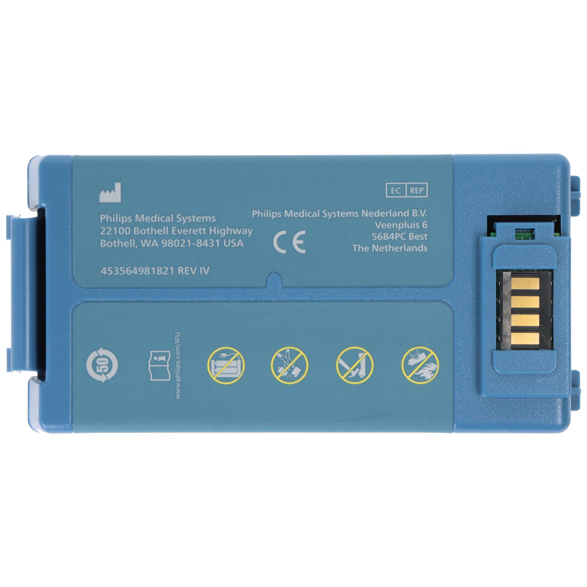 Blauer Philips Medical Systems wiederaufladbarer Batteriepack mit sichtbaren goldenen Kontakten auf der rechten Seite und gedruckten Sicherheitsmarkierungen auf dem Etikett.