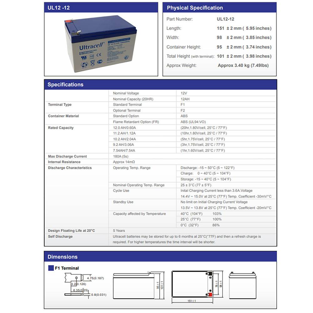 Ultracell UL12-12 Blei Akku 12 Volt mit 12Ah, mit 4,8mm Faston Steckkontakten