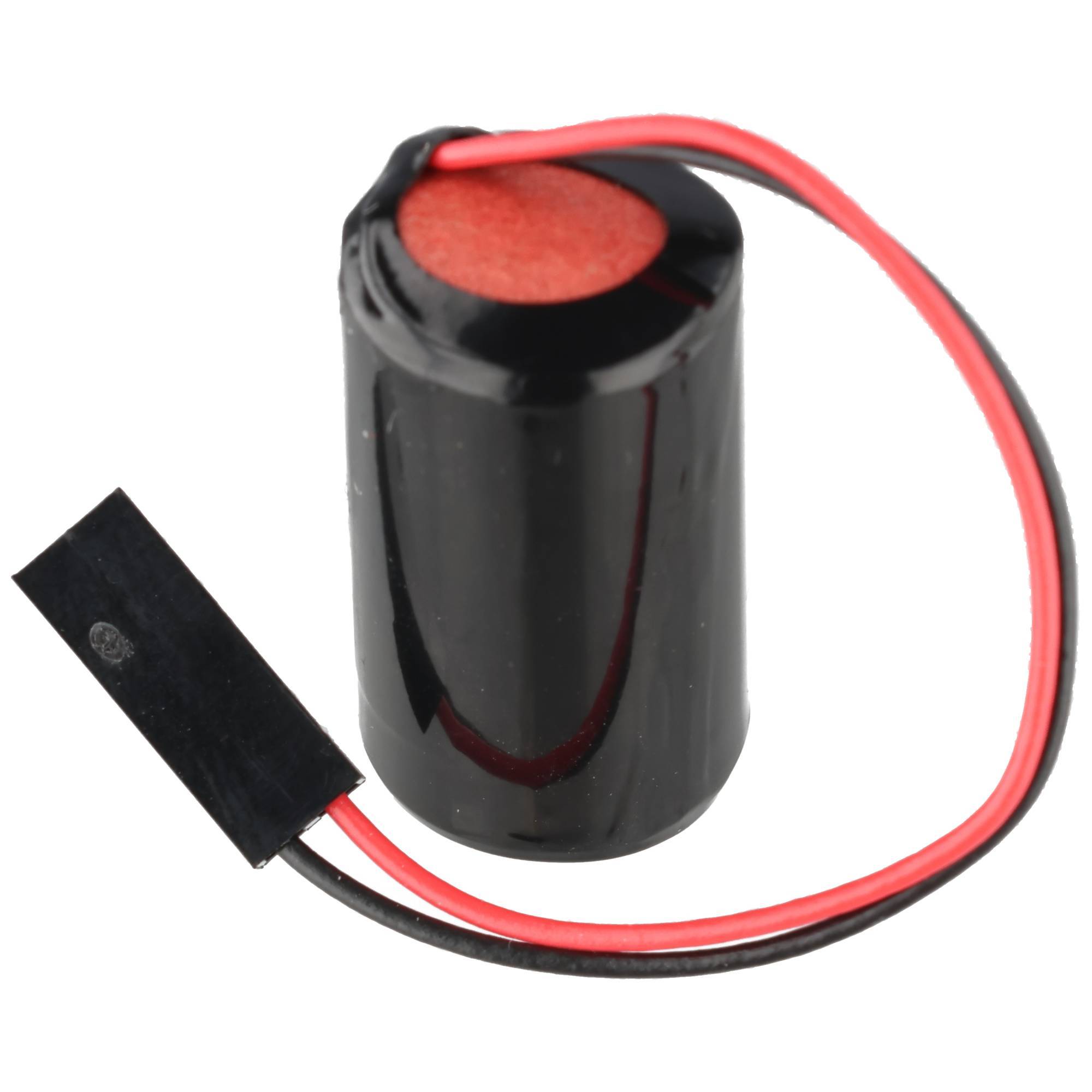 Schwarze zylindrische Batterie mit roten und schwarzen Kabeln, die in einen kleinen Stecker enden.