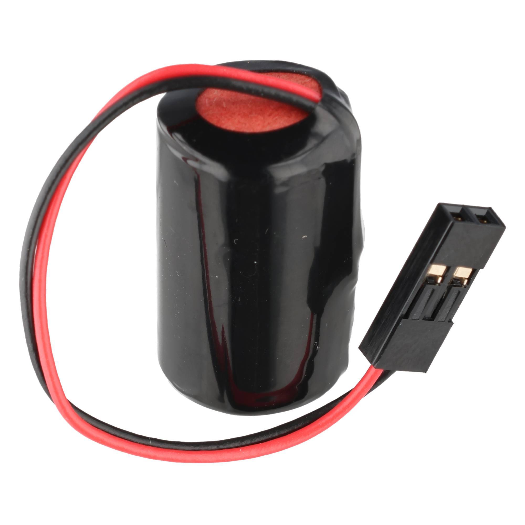 Schwarzes zylindrisches Batteriepaket mit roten und schwarzen Kabeln, die in einen zweipoligen Stecker auslaufen