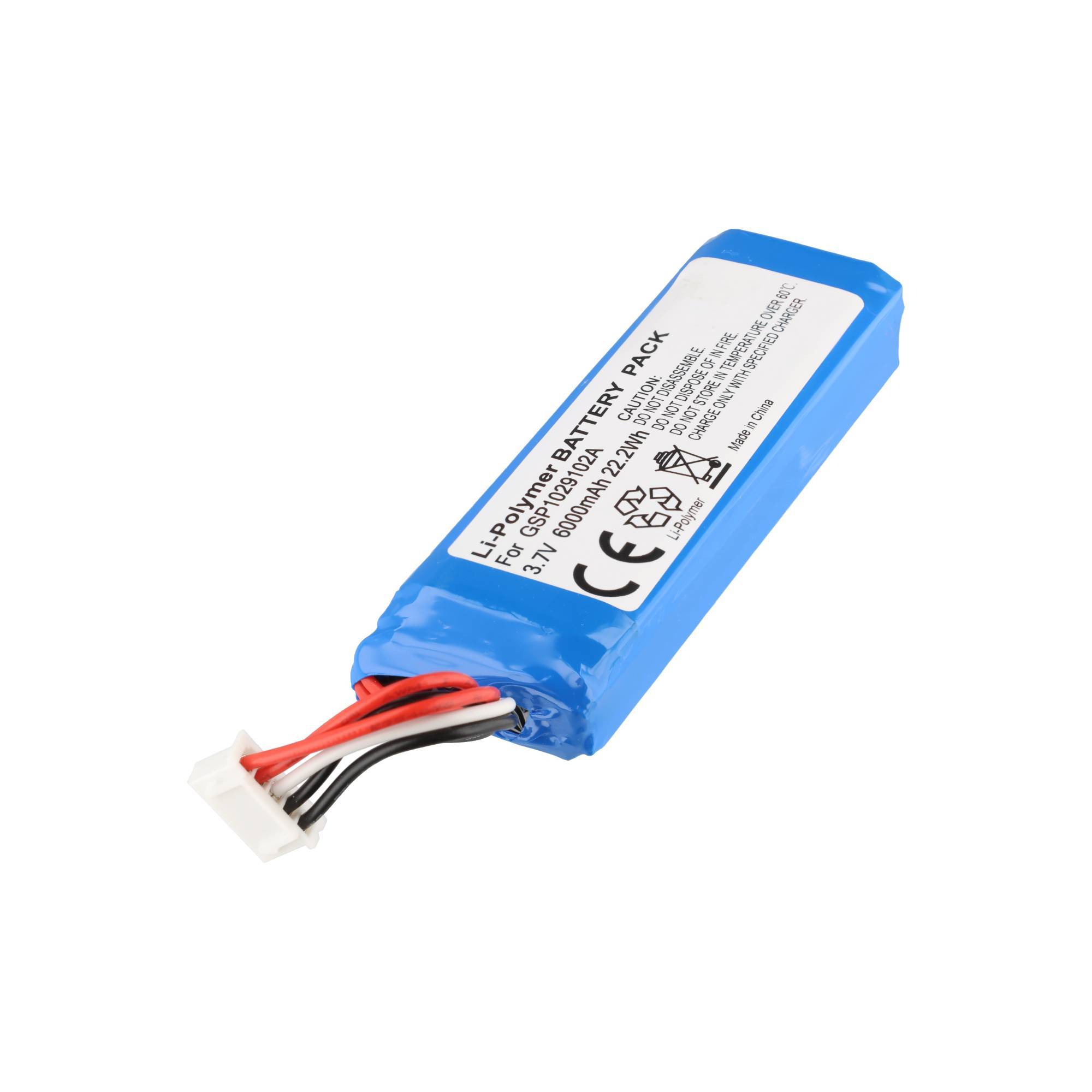 Blau verpacktes Lithium-Polymer-Akkupaket mit angebrachten roten, schwarzen und weißen Drähten und weißem Stecker.