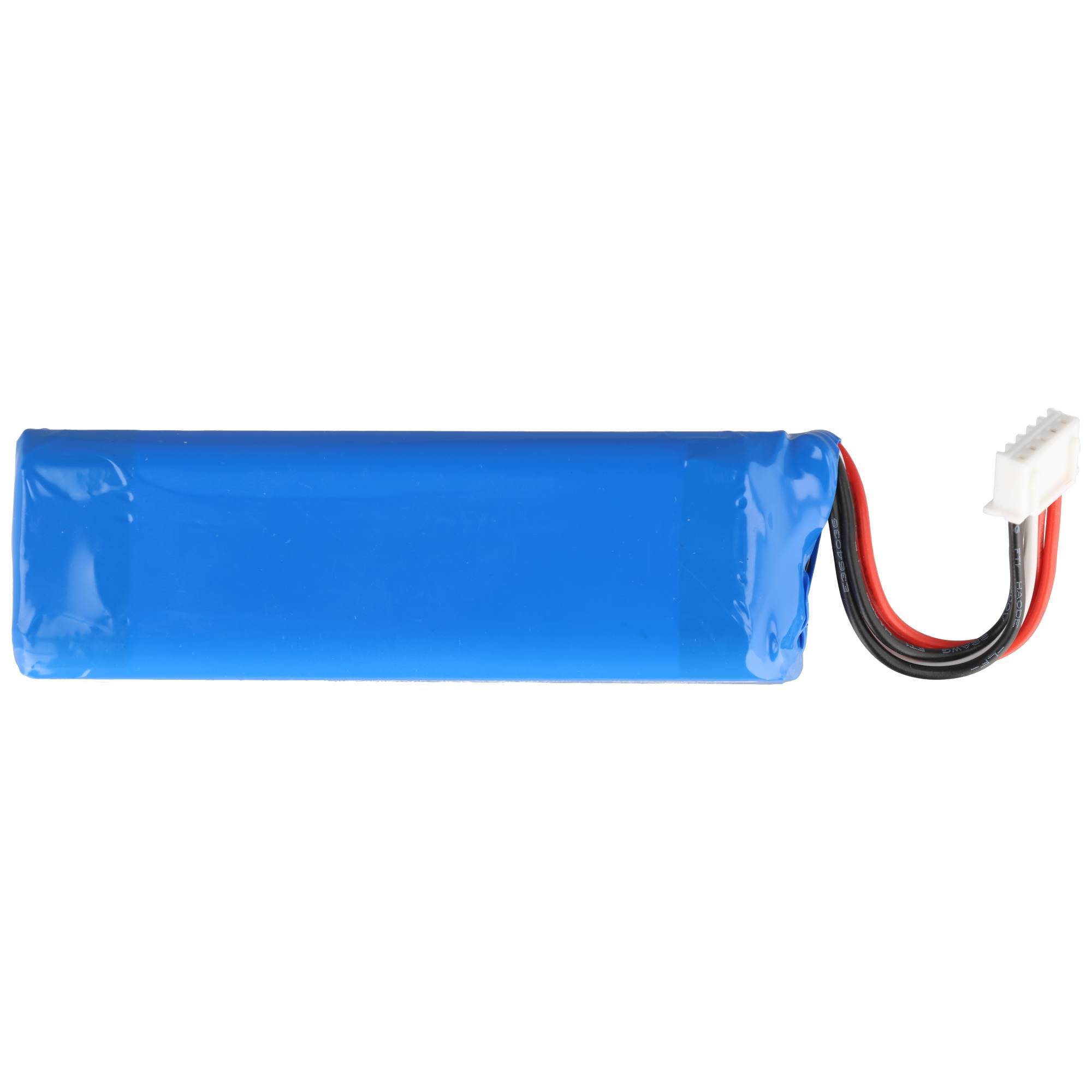 Blaues wiederaufladbares Batteriepaket mit roten, schwarzen und weißen Anschlussleitungen auf weißem Hintergrund.