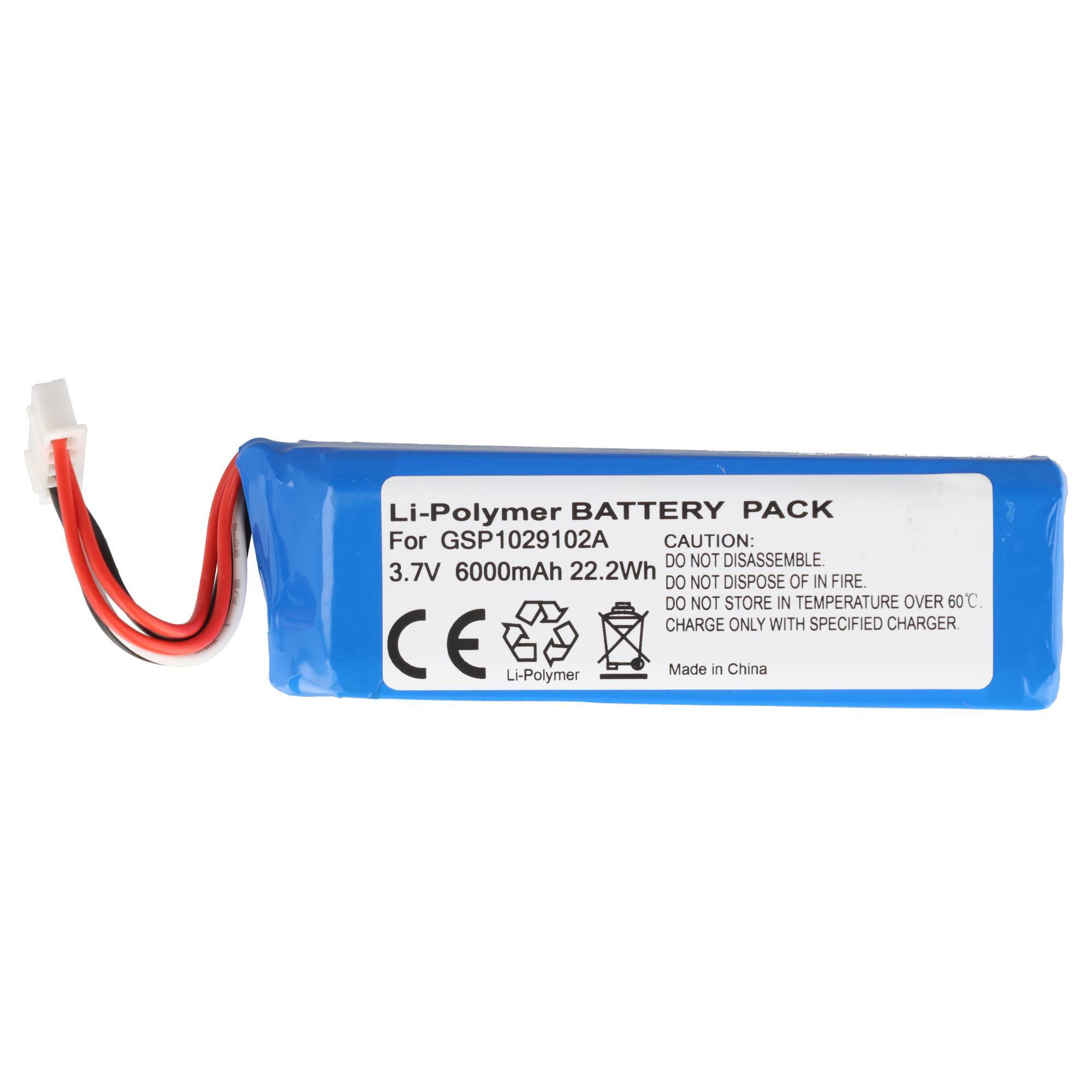 Blaues Li-Polymer-Akkupack mit rot-schwarzem Stecker, gekennzeichnet mit 3,7V 6000mAh 22,2Wh und Sicherheitsvorkehrungen.