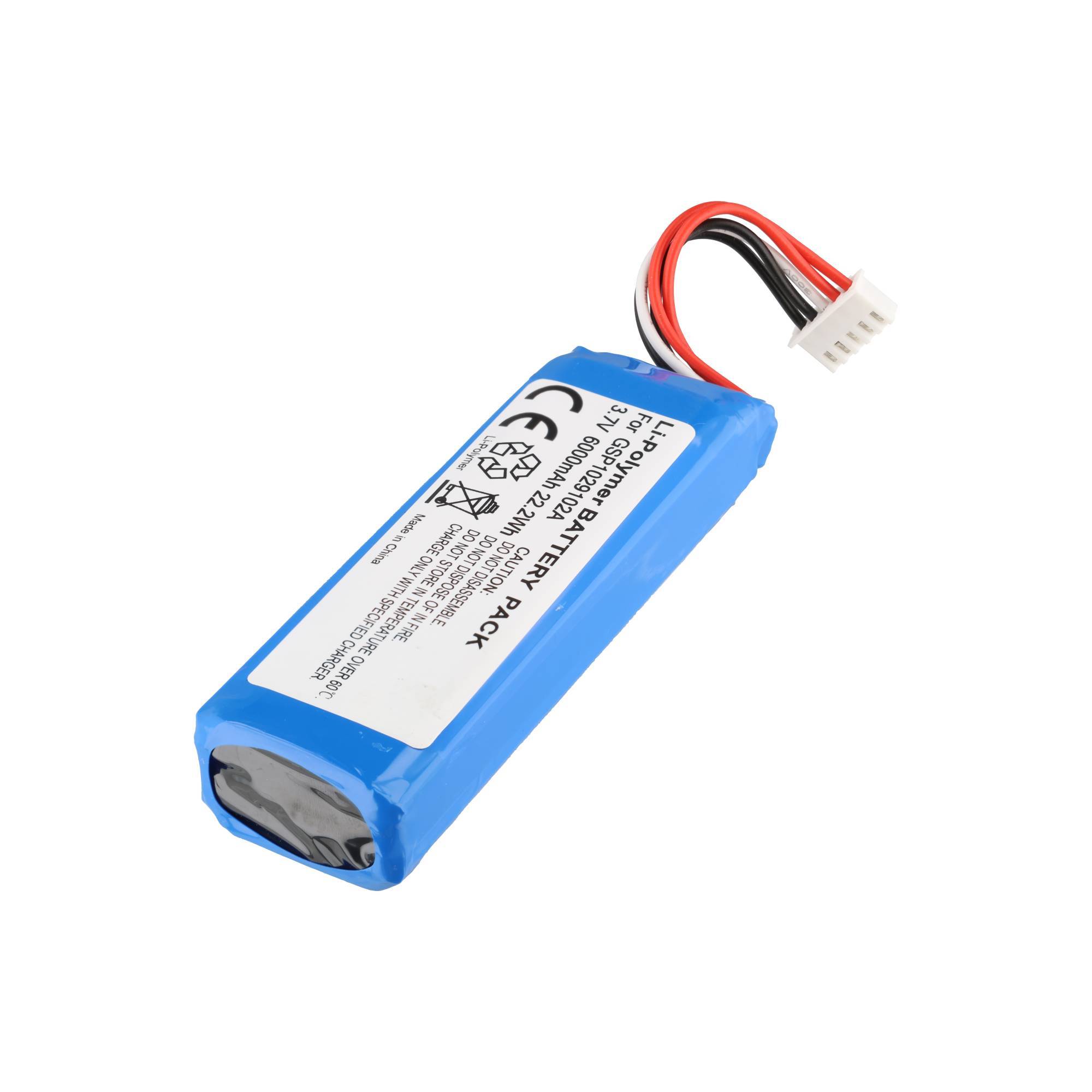 Blauer wiederaufladbarer Batteriepack mit angebrachten roten, schwarzen und weißen Anschlussleitungen auf weißem Hintergrund.