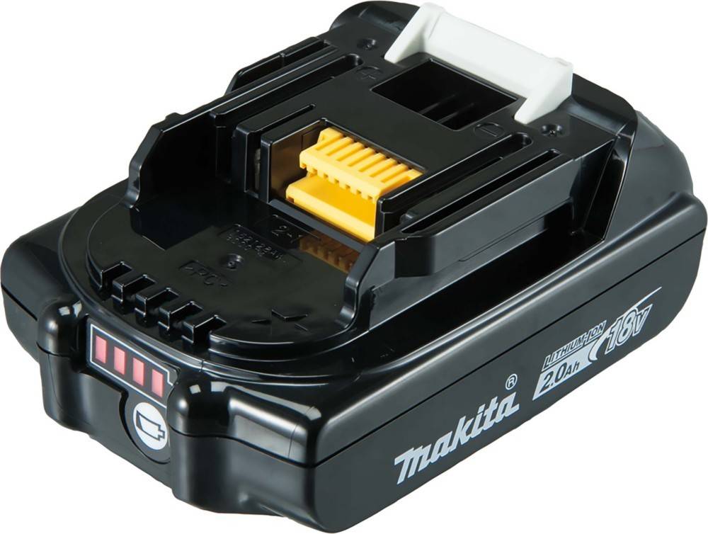 Ein schwarzer Lithium-Ionen-Akkupack mit einem gelben Stecker, geeignet für Elektrowerkzeuge. Er verfügt über einen weißen Clip und ein Herstellerlogo an der Seite.