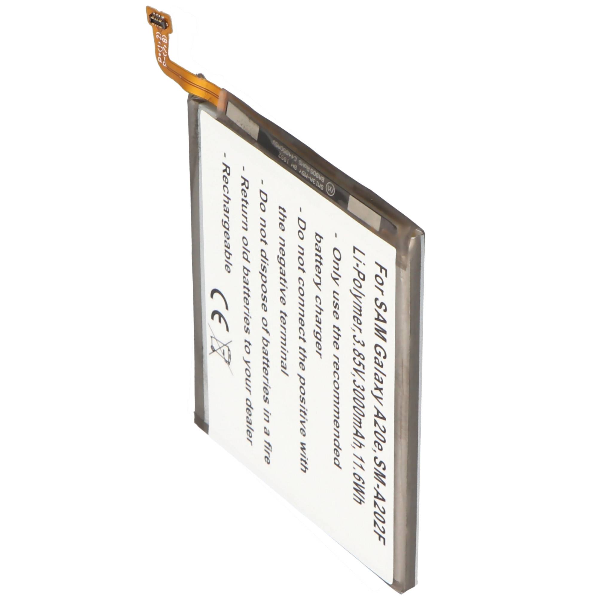 Akku passend für Samsung Galaxy A20e, SM-A202F, Li-Polymer, 3,85V, 3000mAh, 11,6Wh, built-in, ohne Werkzeug