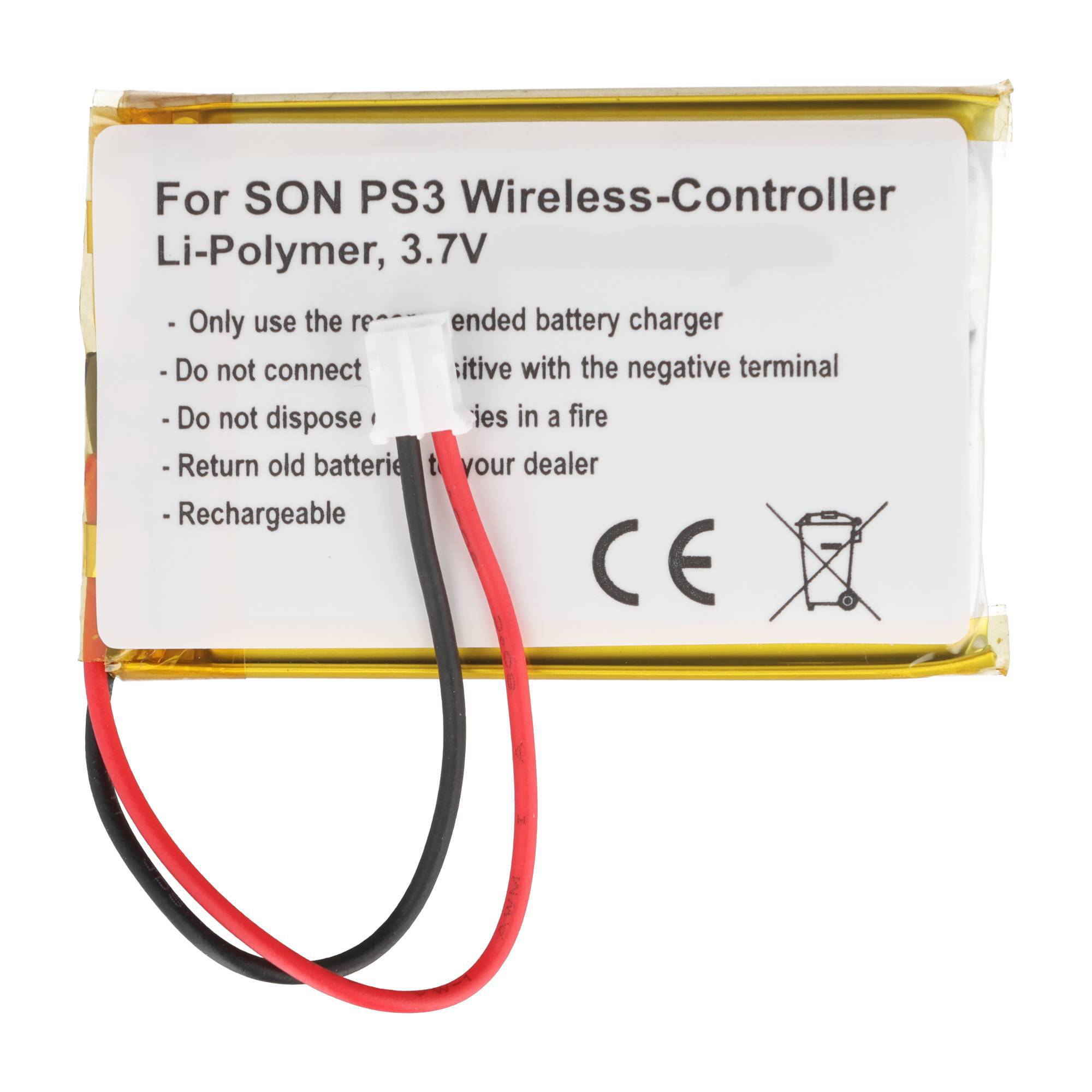 Li-Polymer 3,7V Akku für Sony PS3 Wireless Controller, mit roten und schwarzen Anschlussleitungen und Sicherheitsetiketten.