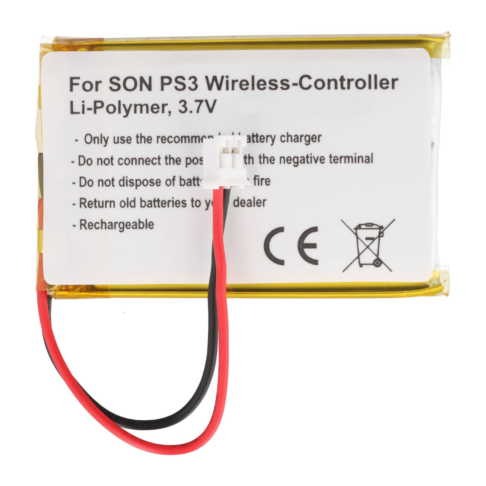 Li-Polymer 3,7V Akku für SON PS3 kabellosen Controller mit roten und schwarzen Drähten und angebrachtem Stecker.