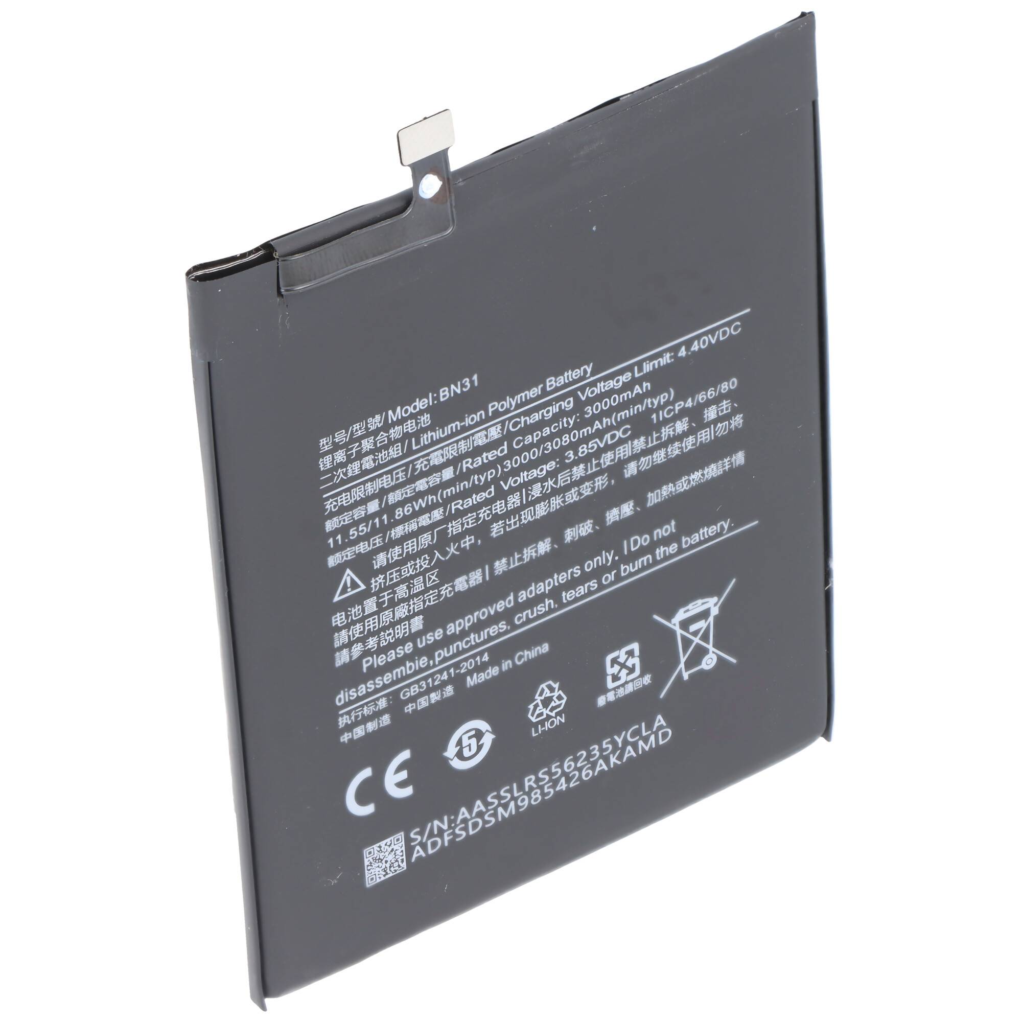 Akku passend für Xiaomi Redmi Note 5A, Li-Polymer, 3,85V, 3000mAh, 11,6Wh, built-in, ohne Werkzeug