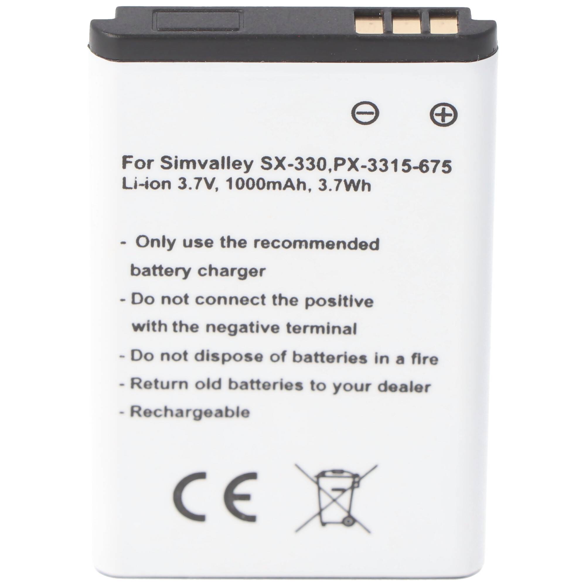 Akku passend für Simvalley SX-330, PX-3315-675, Li-Ion, 3,7V, 1000mAh, 3,7Wh