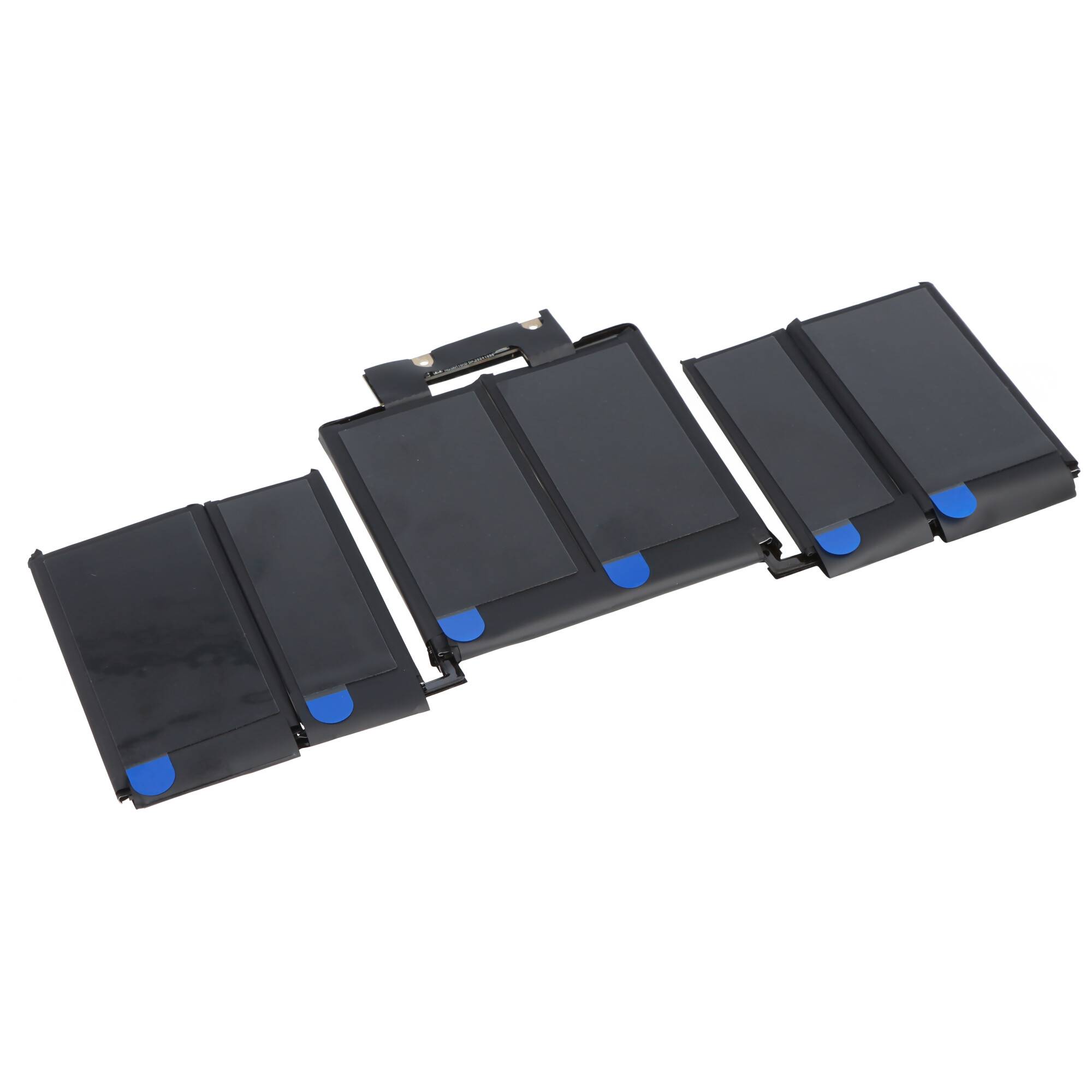 Gefaltete schwarze Tablet-Batterie mit drei verbundenen Abschnitten und blauen Zugpullen auf weißem Hintergrund