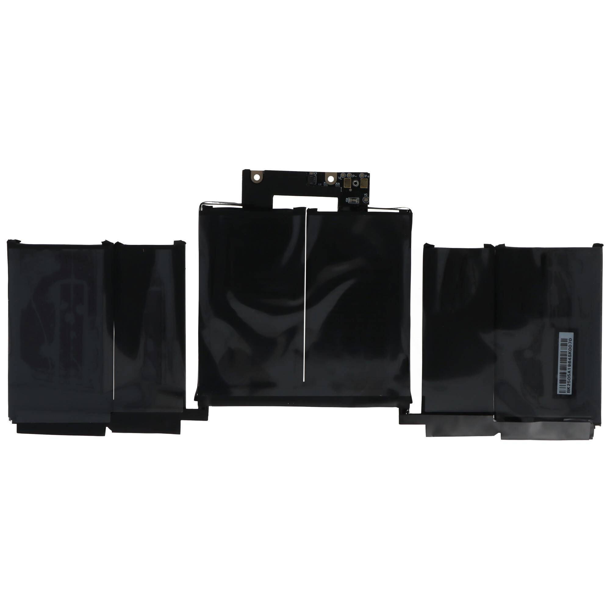 Schwarzes Laptop-Batteriepack mit drei verbundenen rechteckigen Zellen und einer zentralen Anschlusslasche auf weißem Hintergrund.