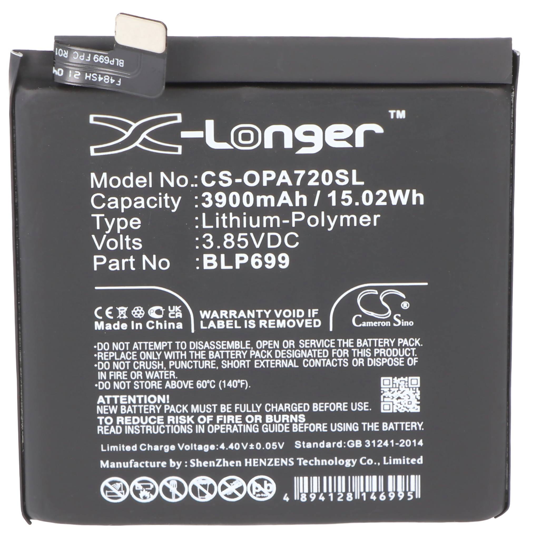 Akku passend für ONEPLUS 7 Pro, Li-Polymer, 3,85V, 3880mAh, 14,9Wh, built-in, ohne Werkzeug