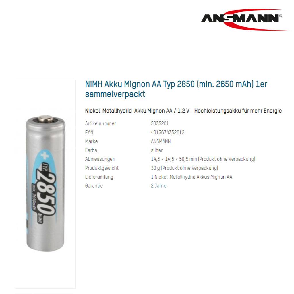 Ansmann Akku 1,2 Volt Akku mit 2850mAh mit Lötfahnen in U-Form oder in Z-Form auswählbar Lötfahne U-Form