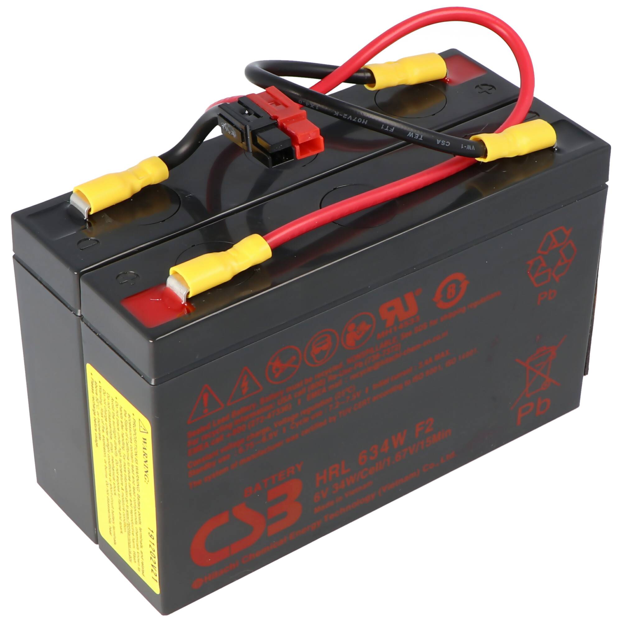 Schwarze wiederaufladbare Batterie mit roten und schwarzen Drähten und gelben Anschlüssen auf weißem Hintergrund.