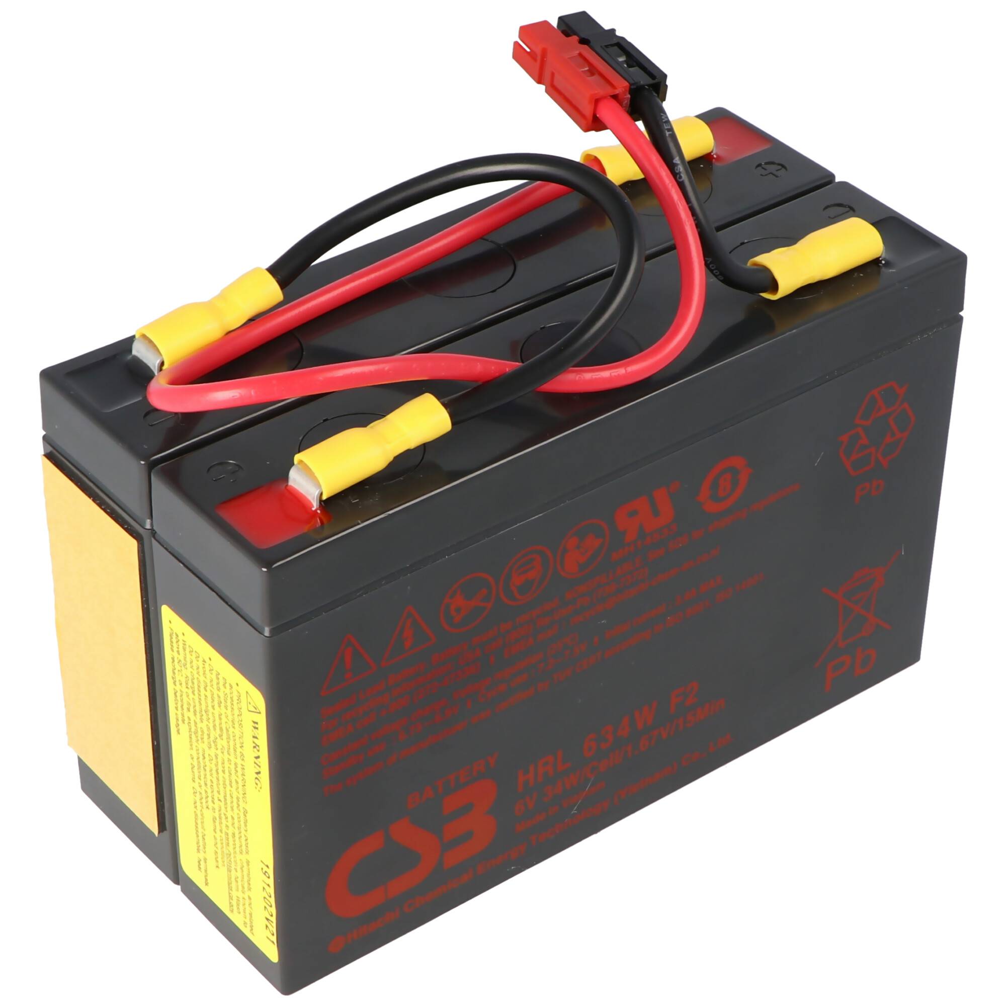 Schwarze wiederaufladbare Batterie mit roten und schwarzen Drähten und gelben Anschlüssen, gezeigt auf weißem Hintergrund.