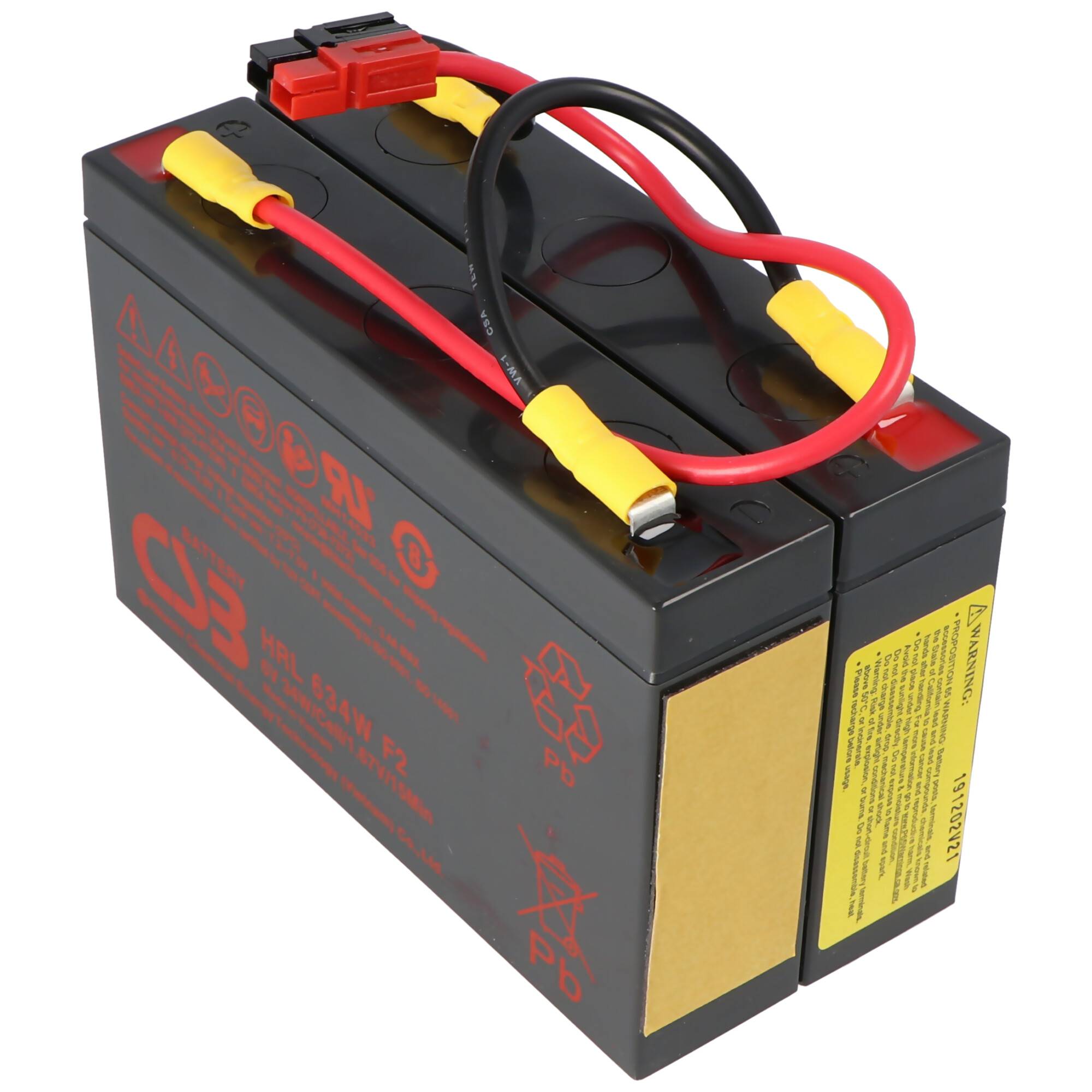 Schwarze wiederaufladbare Batterie mit roten und schwarzen Anschlussklemmen oben, dargestellt auf weißem Hintergrund.