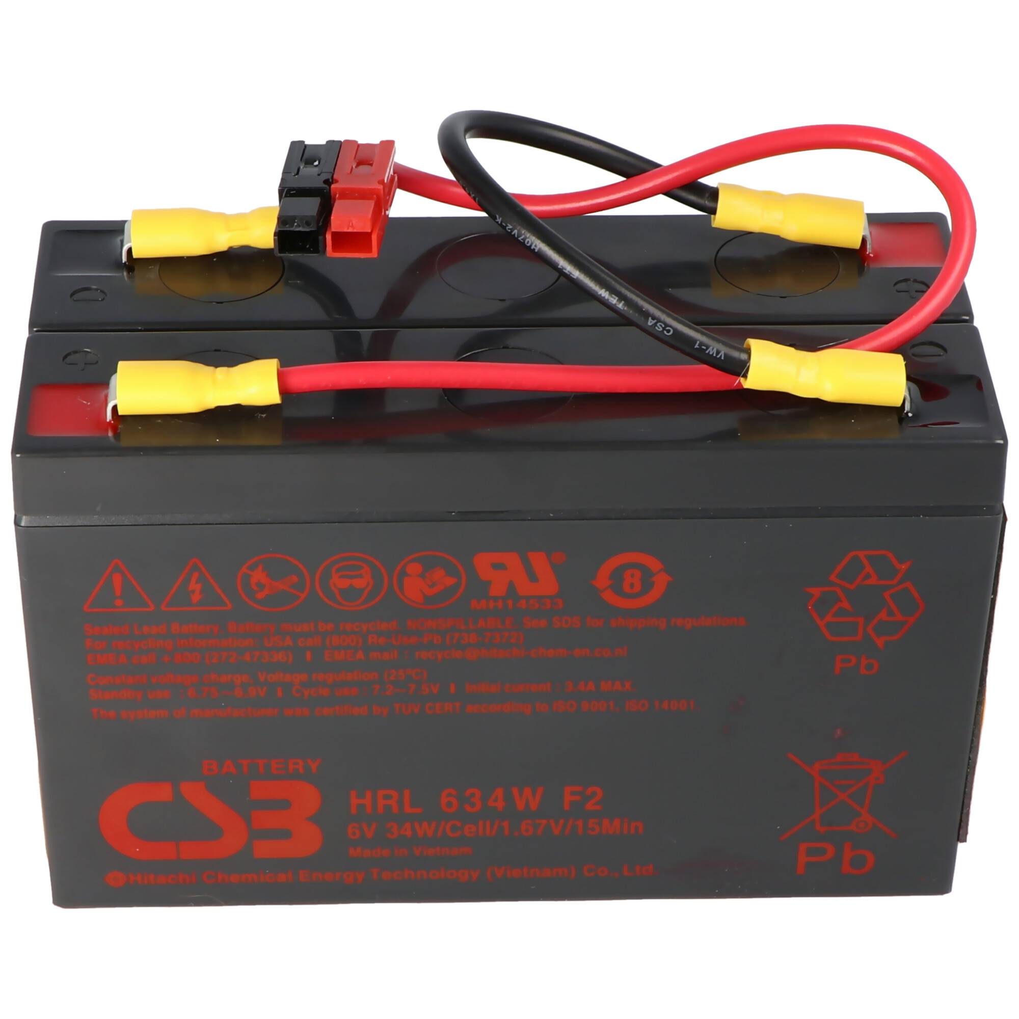 Schwarze versiegelte Bleiakkumulator-Batterie mit roten und schwarzen Drähten, die an den Anschlüssen oben befestigt sind.