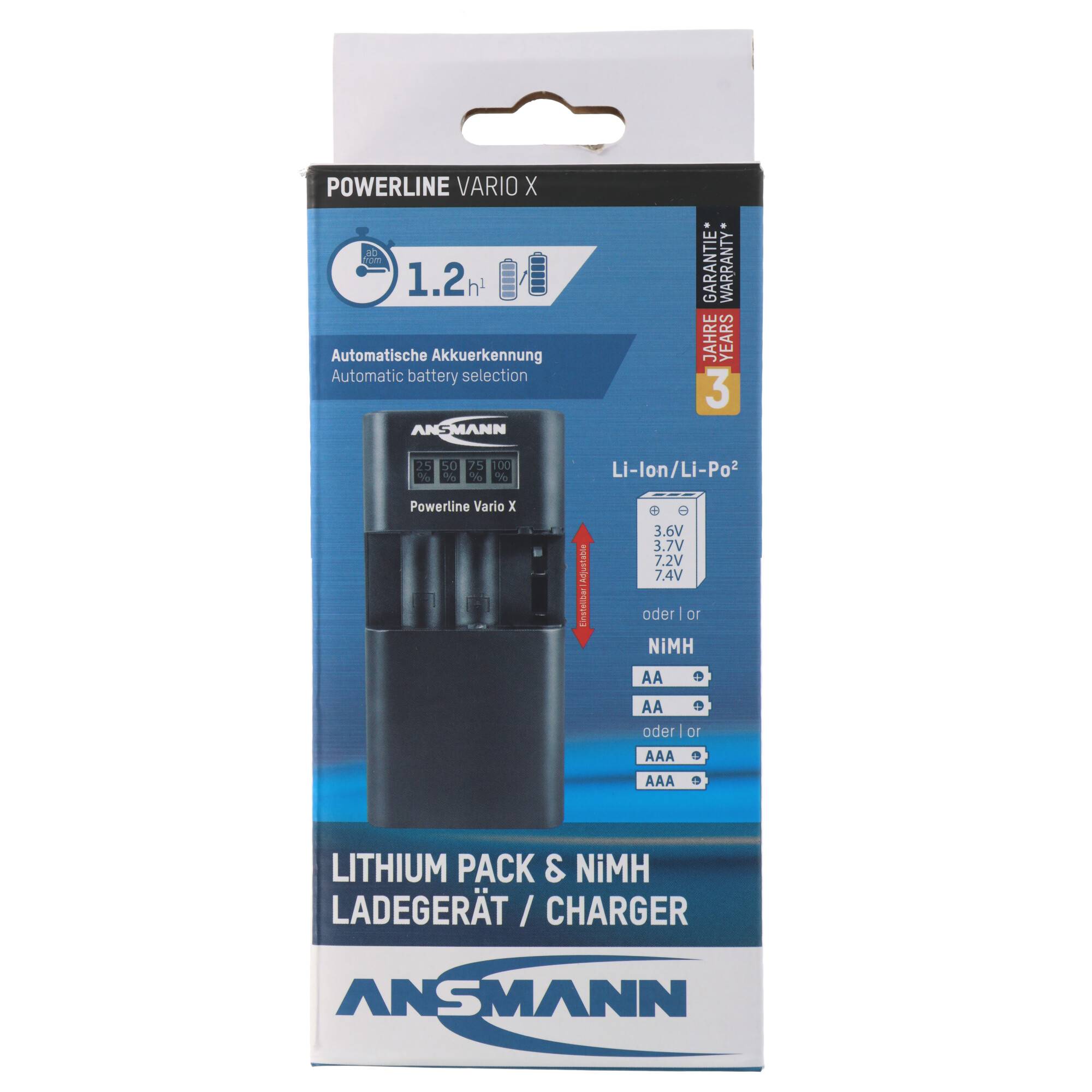 Verpackung für ANSMANN Powerline Vario X Ladegerät, zeigt automatische Batterieauswahl und Kompatibilität mit Li-Ionen- und NiMH-Batterien.
