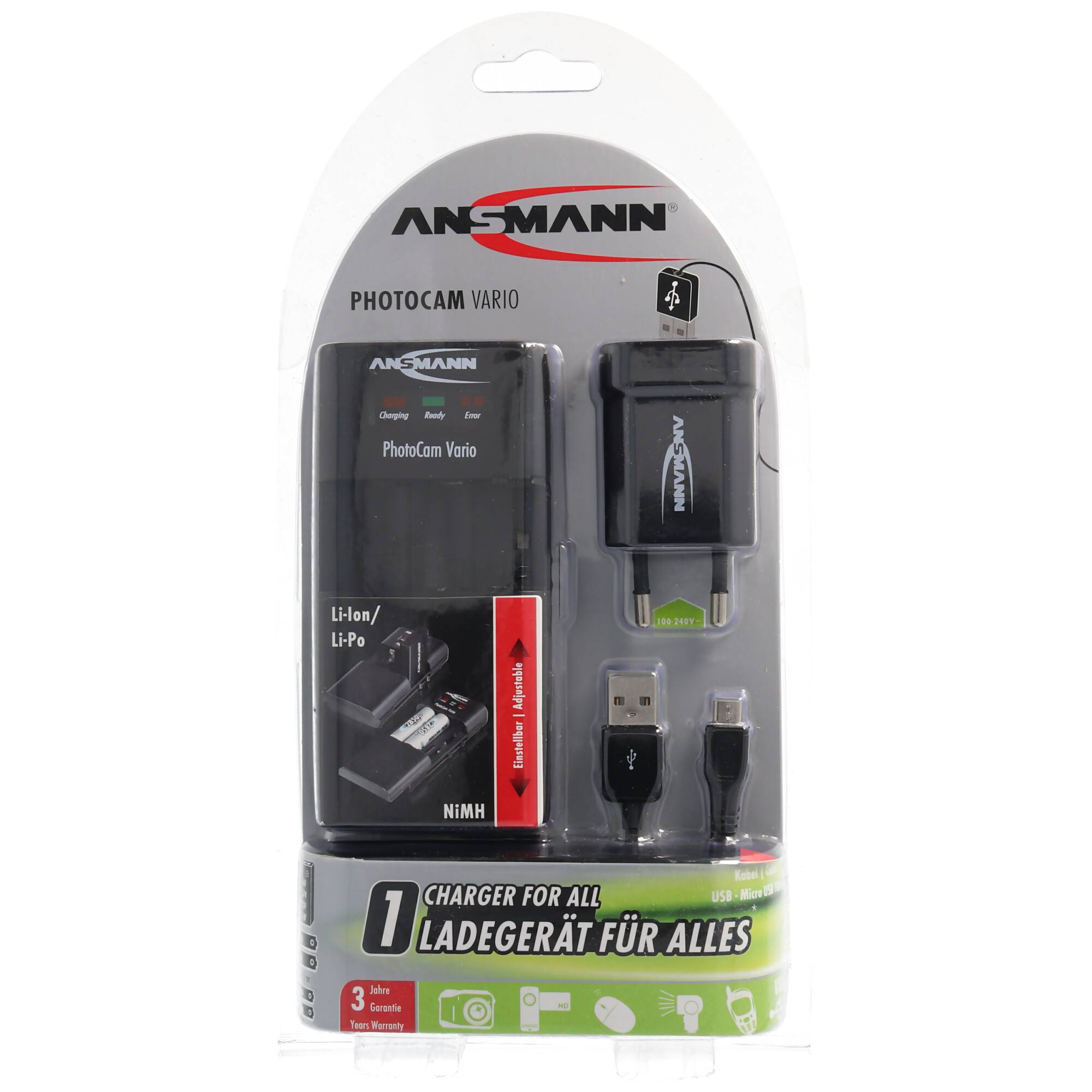 Universalladegerät Ansmann Powerline Vario mit verschiebbaren Ladekontakten für Akkupack, Kamera, Camcorder, Telefon, AA
