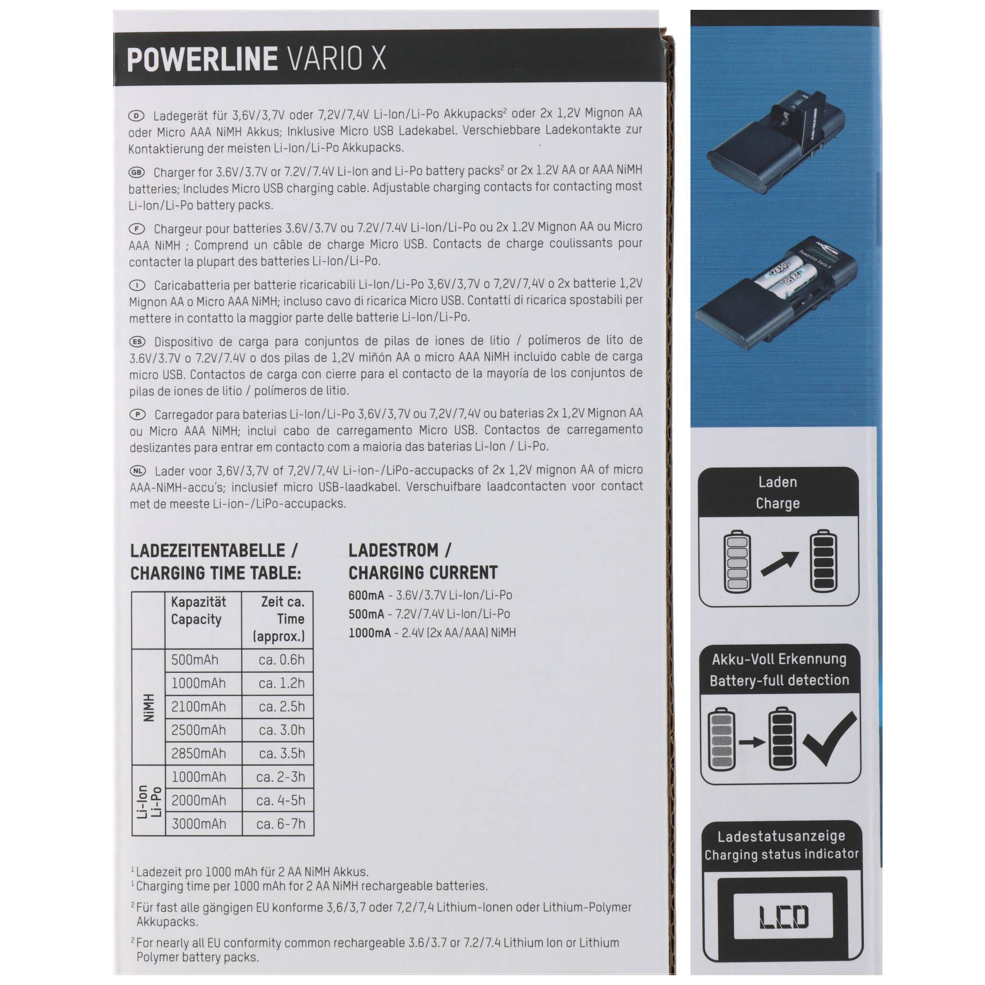 Produktverpackung für das POWERLINE VARIO X Batterieladegerät mit Ladeanweisungen, Stromtabelle und Symbolen zur Batterietyperkennung.