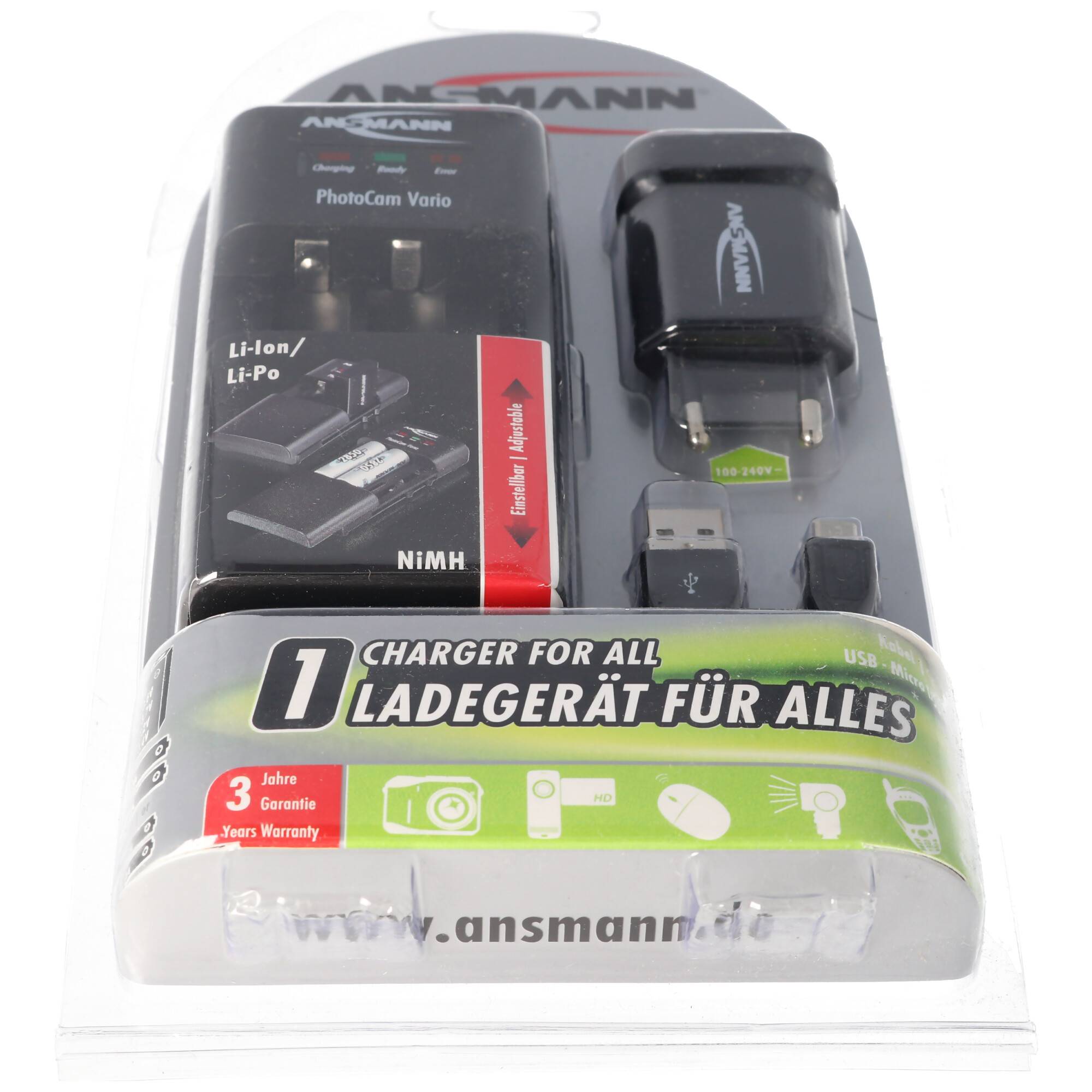 Universalladegerät Ansmann Powerline Vario mit verschiebbaren Ladekontakten für Akkupack, Kamera, Camcorder, Telefon, AA