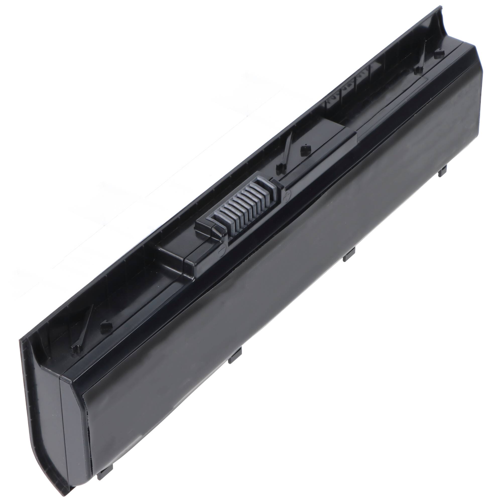 Schwarzes rechteckiges Batteriepack mit einer gerippten Entriegelungslasche, auf weißem Hintergrund dargestellt.