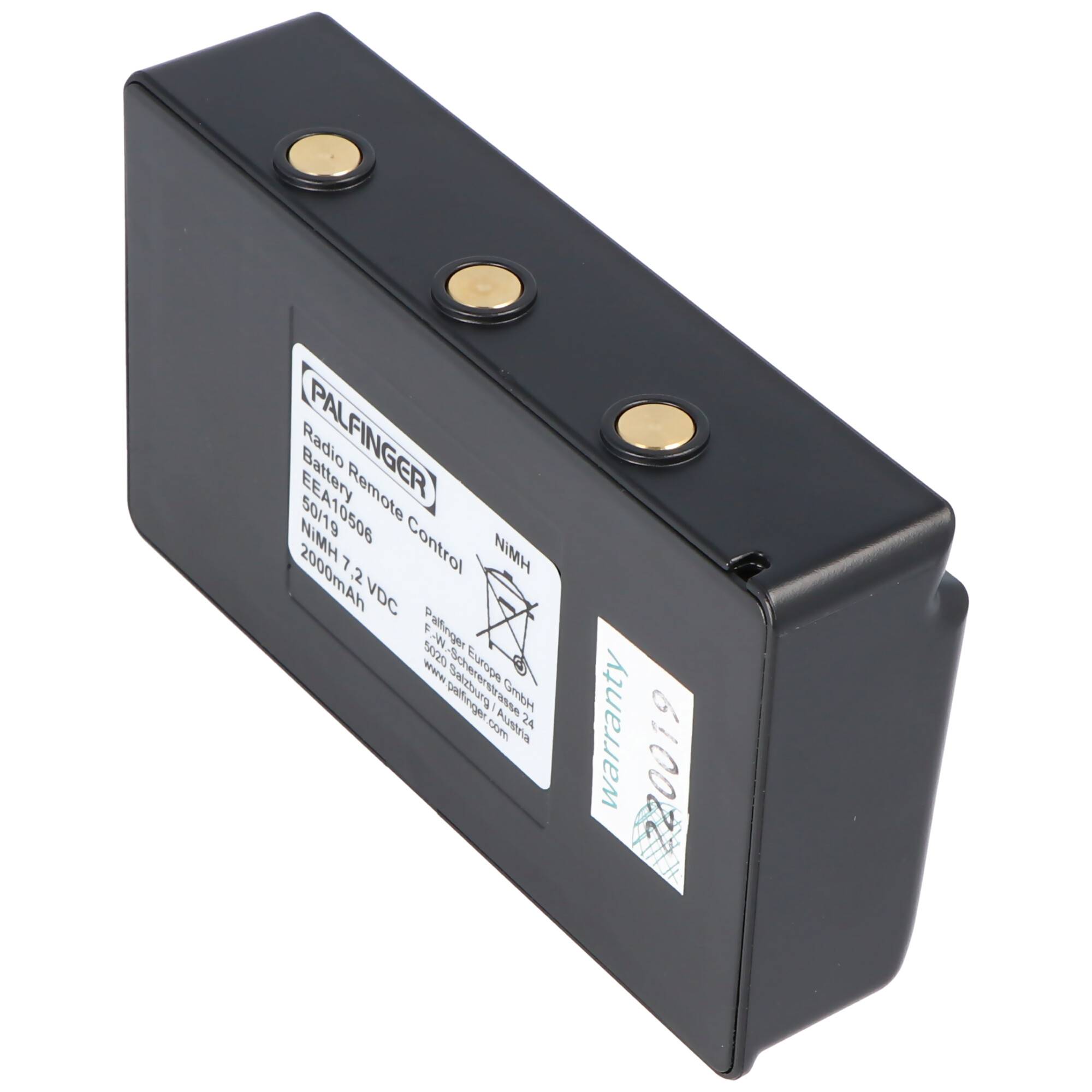 Schwarzes rechteckiges Batteriepack mit drei goldfarbenen Anschlüssen und PALFINGER-Etikett, auf weißem Hintergrund abgebildet.