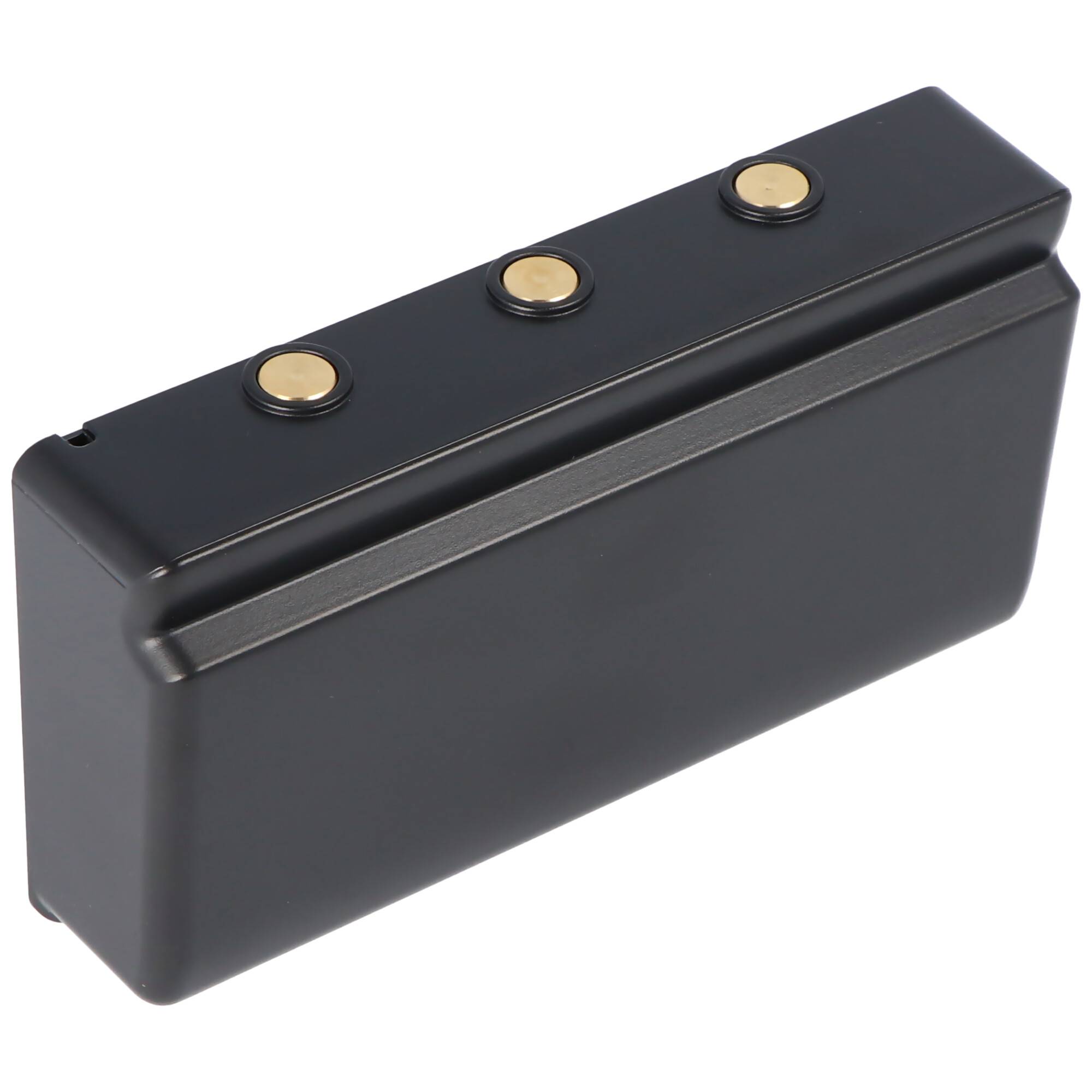 Schwarzes rechteckiges elektronisches Batteriepack mit drei goldenen Kontaktterminals oben, gezeigt auf weißem Hintergrund.