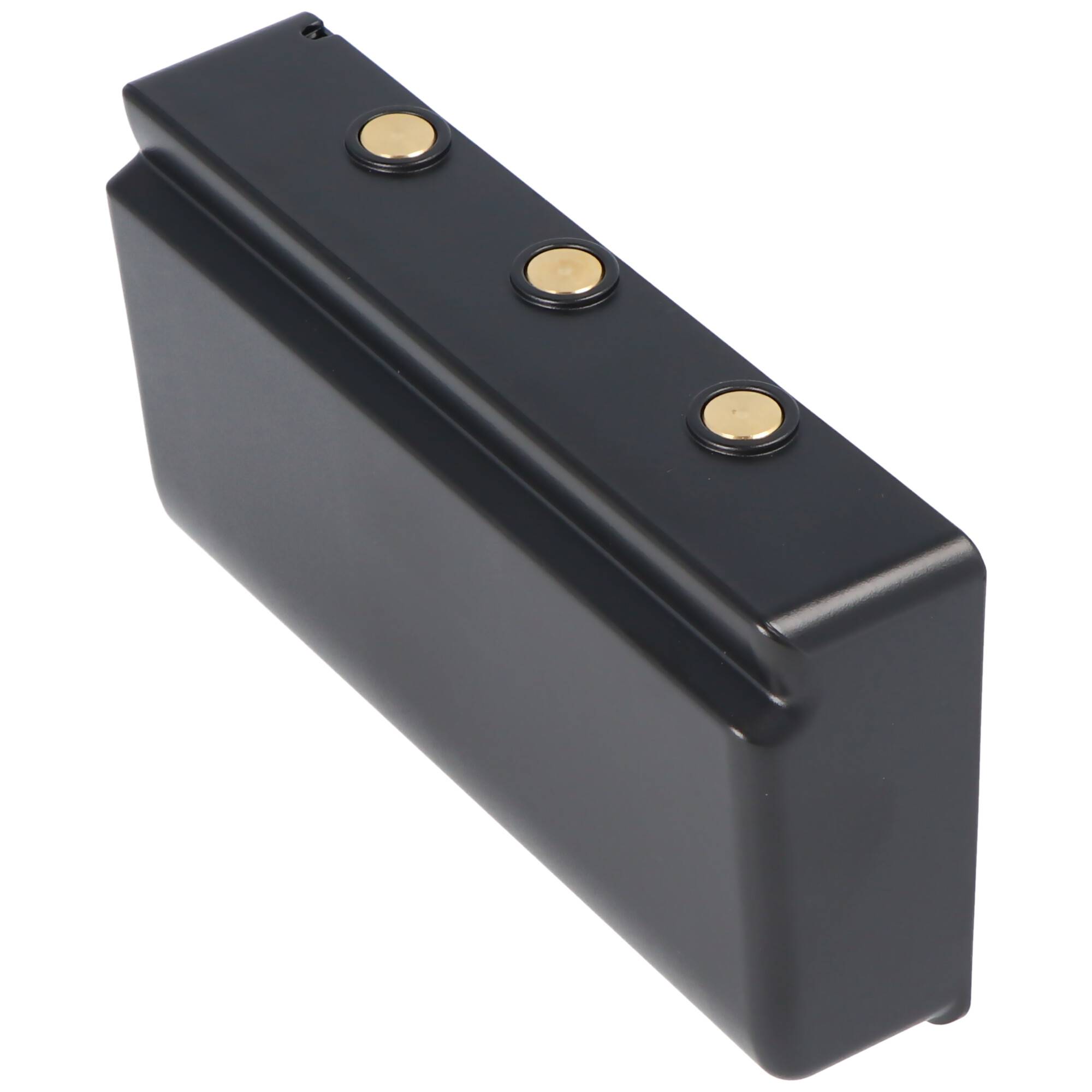 Schwarzes rechteckiges Batteriepaket mit drei goldenen Kontaktknöpfen oben, dargestellt auf weißem Hintergrund.