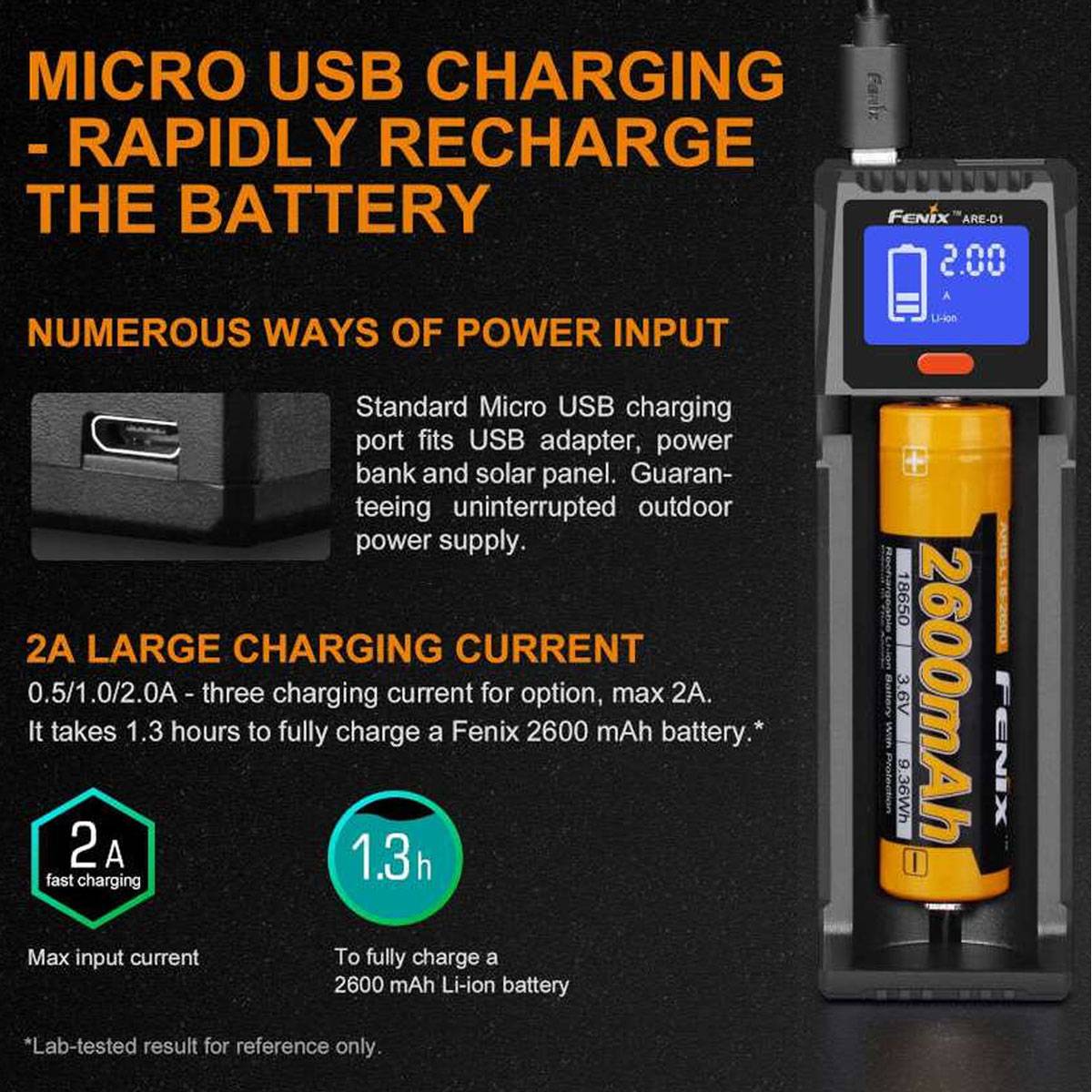 Fenix ARE-D1 Einschacht-Ladegerät passend für 21700, 18650, 26650, 16340, 14500, 10440 Li-Ion, NiMH und NiCd Akkus