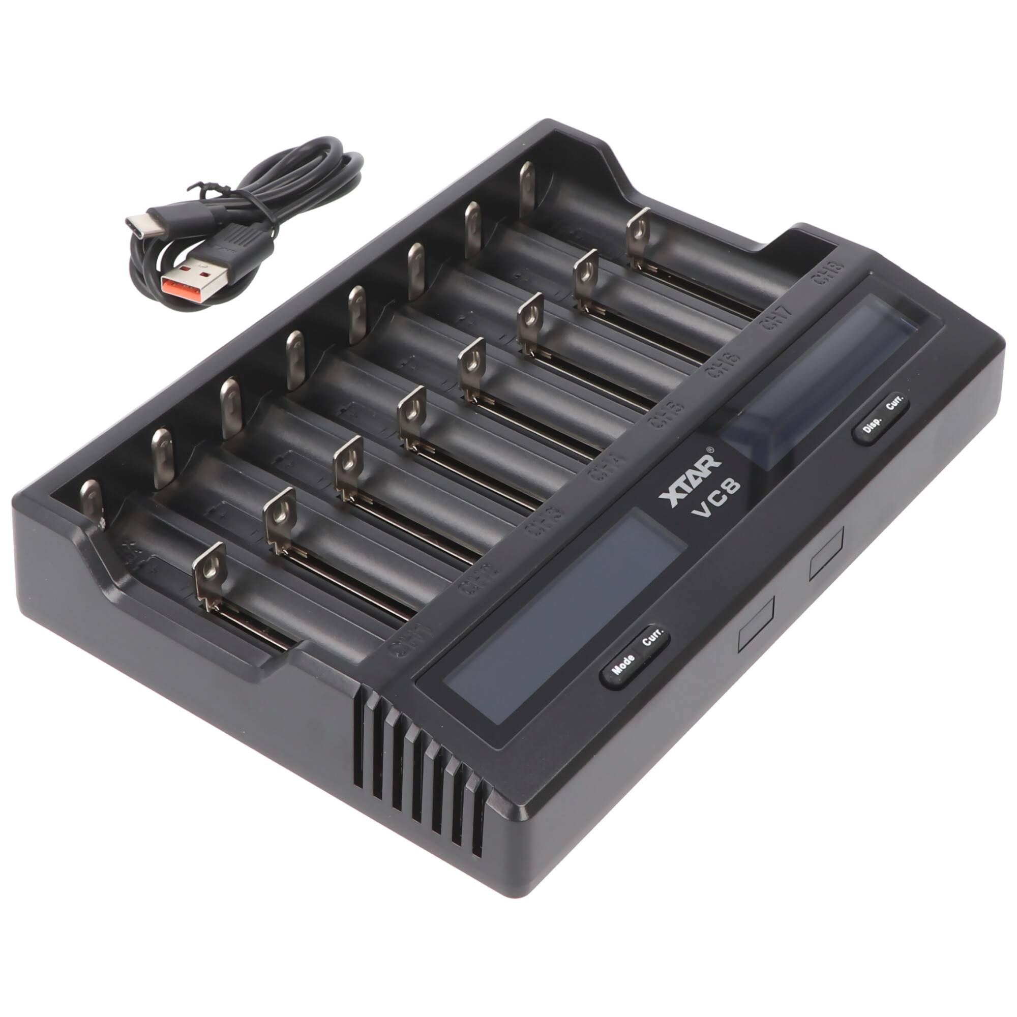 8fach Schnell-Ladegerät für 1-8 Li-Ion 3,6 und 3,7V Akku, Ladestrom max. 3A, lädt Akkus max. Länge 75,5 mm