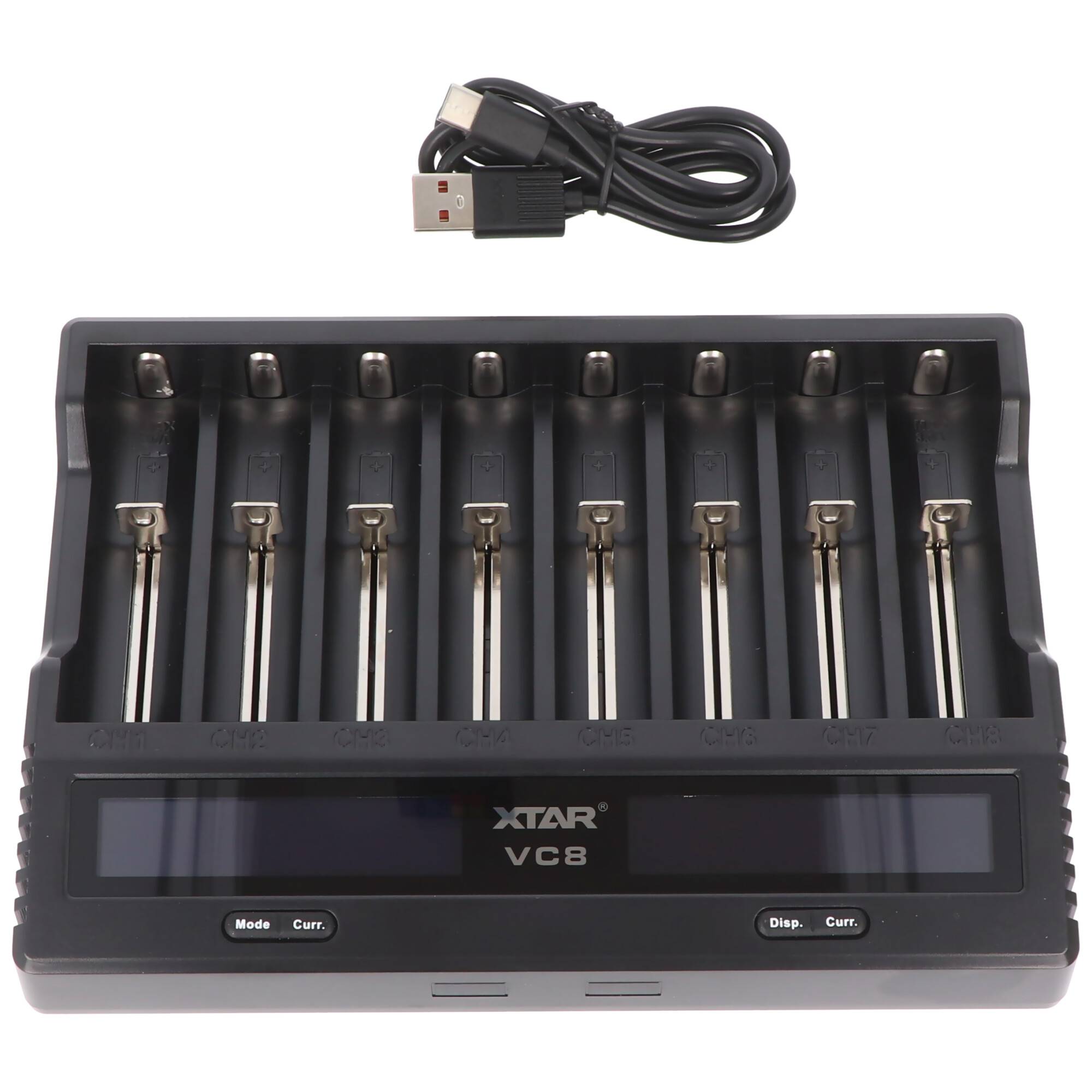 8fach Schnell-Ladegerät für 1-8 Li-Ion 3,6 und 3,7V Akku, Ladestrom max. 3A, lädt Akkus max. Länge 75,5 mm