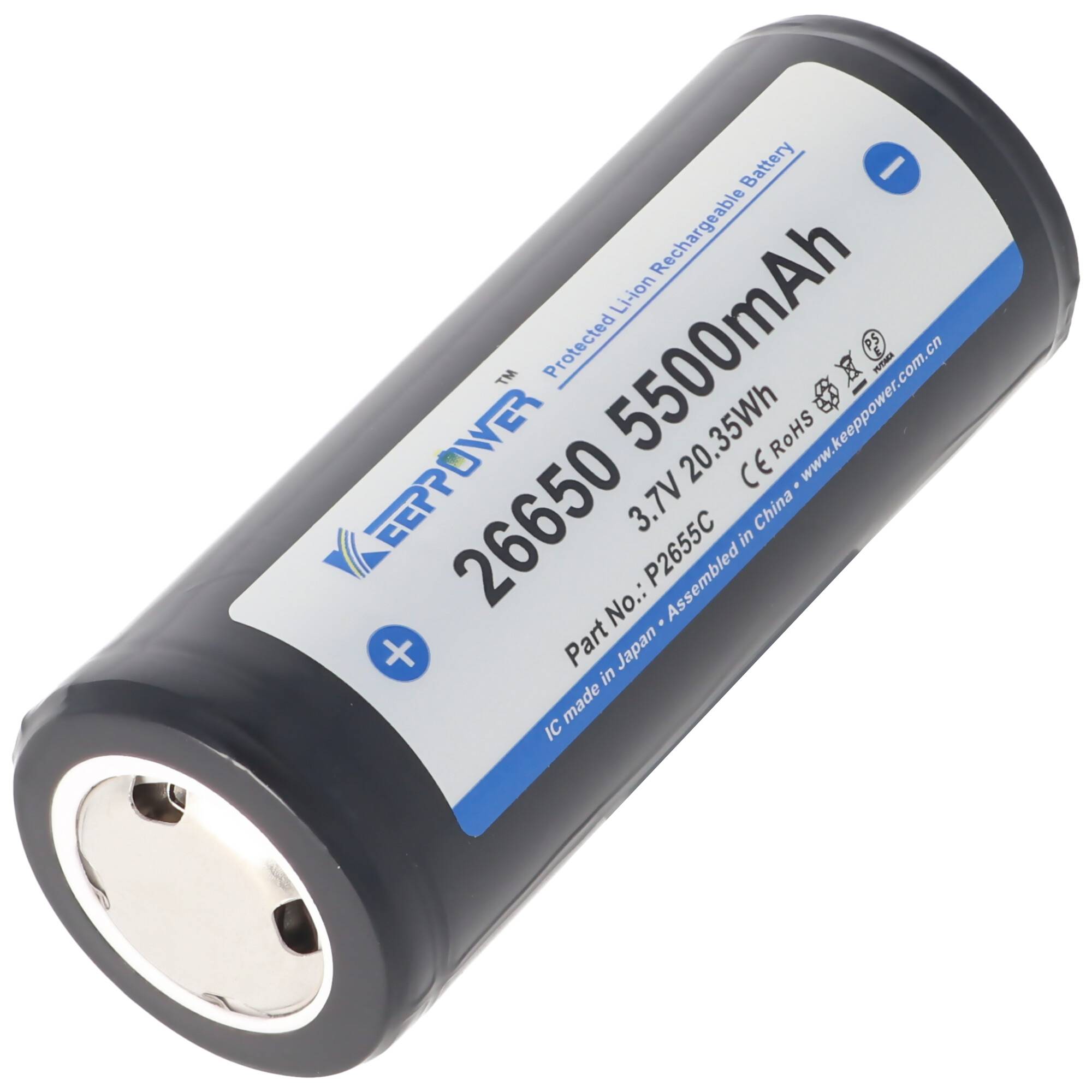 Keeppower 26650 Li-Ion Akku 5500mAh, 3,6V bis 3,7V, Maße 69,9x26,5mm PCB geschützt
