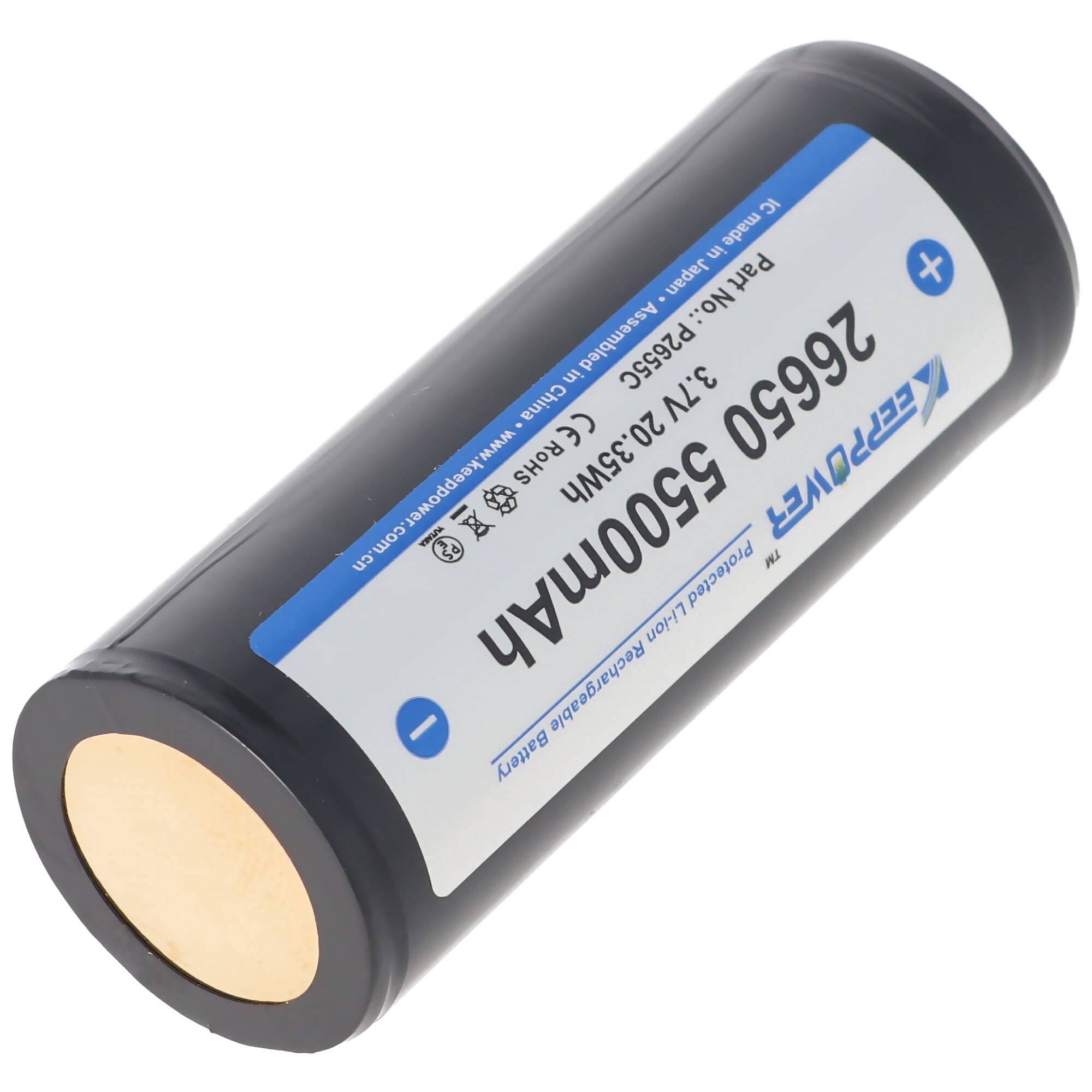 Keeppower 26650 Li-Ion Akku 5500mAh, 3,6V bis 3,7V, Maße 69,9x26,5mm PCB geschützt