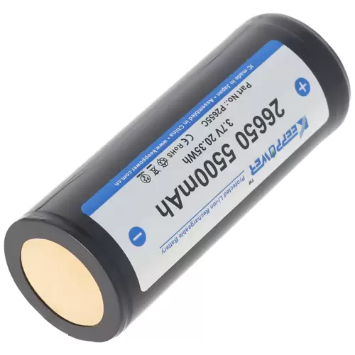 Keeppower 26650 Li-Ion Akku 5500mAh, 3,6V bis 3,7V, Maße 69,9x26,5mm PCB geschützt Keeppower 26650 Li-Ion Akku 5500mAh, 3,6V bis 3,7V, Maße 69,9x26,5mm PCB geschützt
