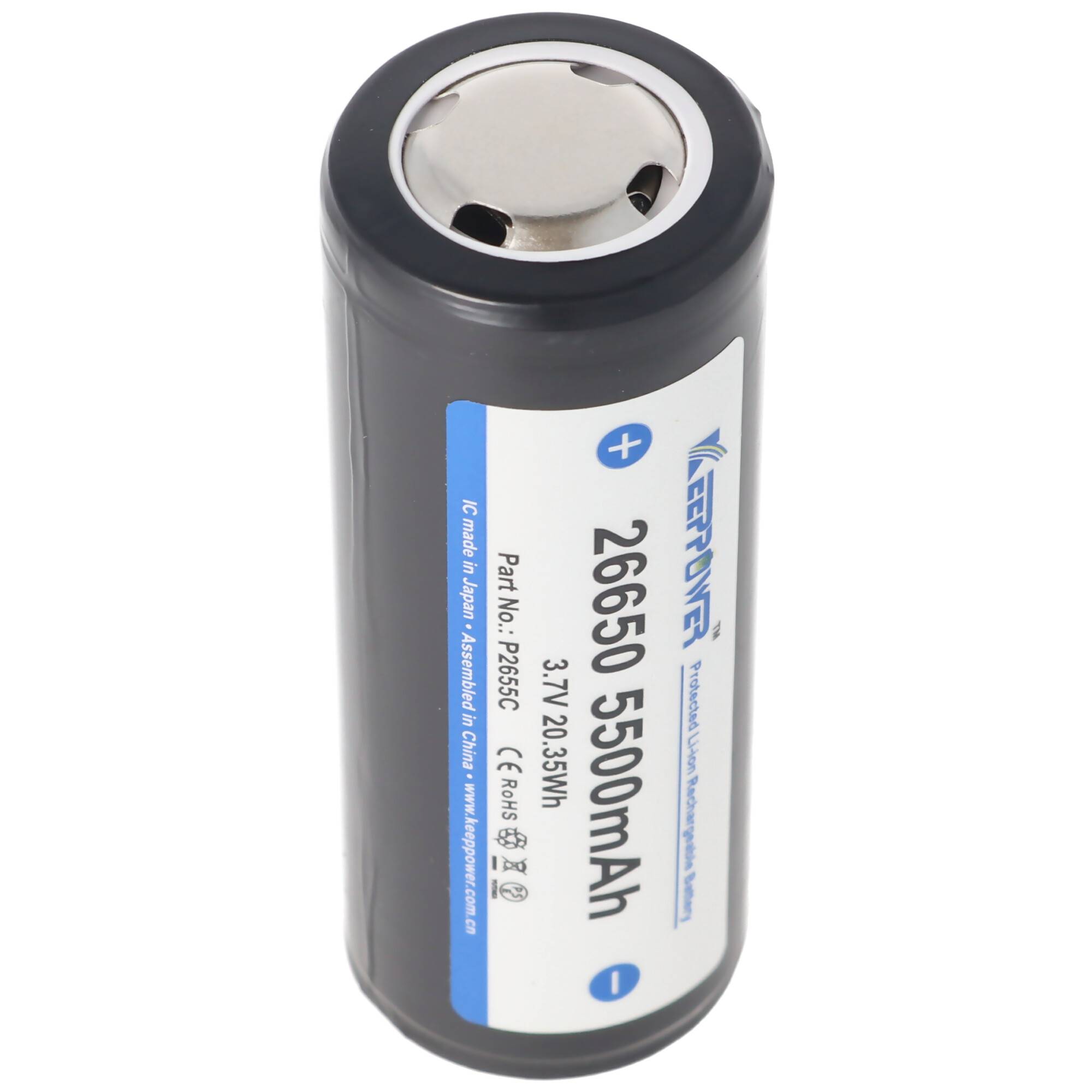 Keeppower 26650 Li-Ion Akku 5500mAh, 3,6V bis 3,7V, Maße 69,9x26,5mm PCB geschützt