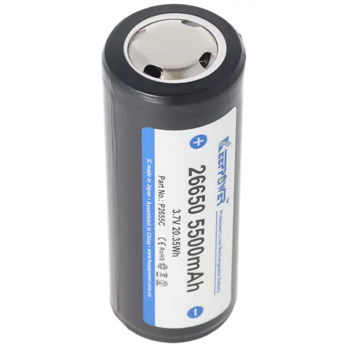 Keeppower 26650 Li-Ion Akku 5500mAh, 3,6V bis 3,7V, Maße 69,9x26,5mm PCB geschützt Keeppower 26650 Li-Ion Akku 5500mAh, 3,6V bis 3,7V, Maße 69,9x26,5mm PCB geschützt