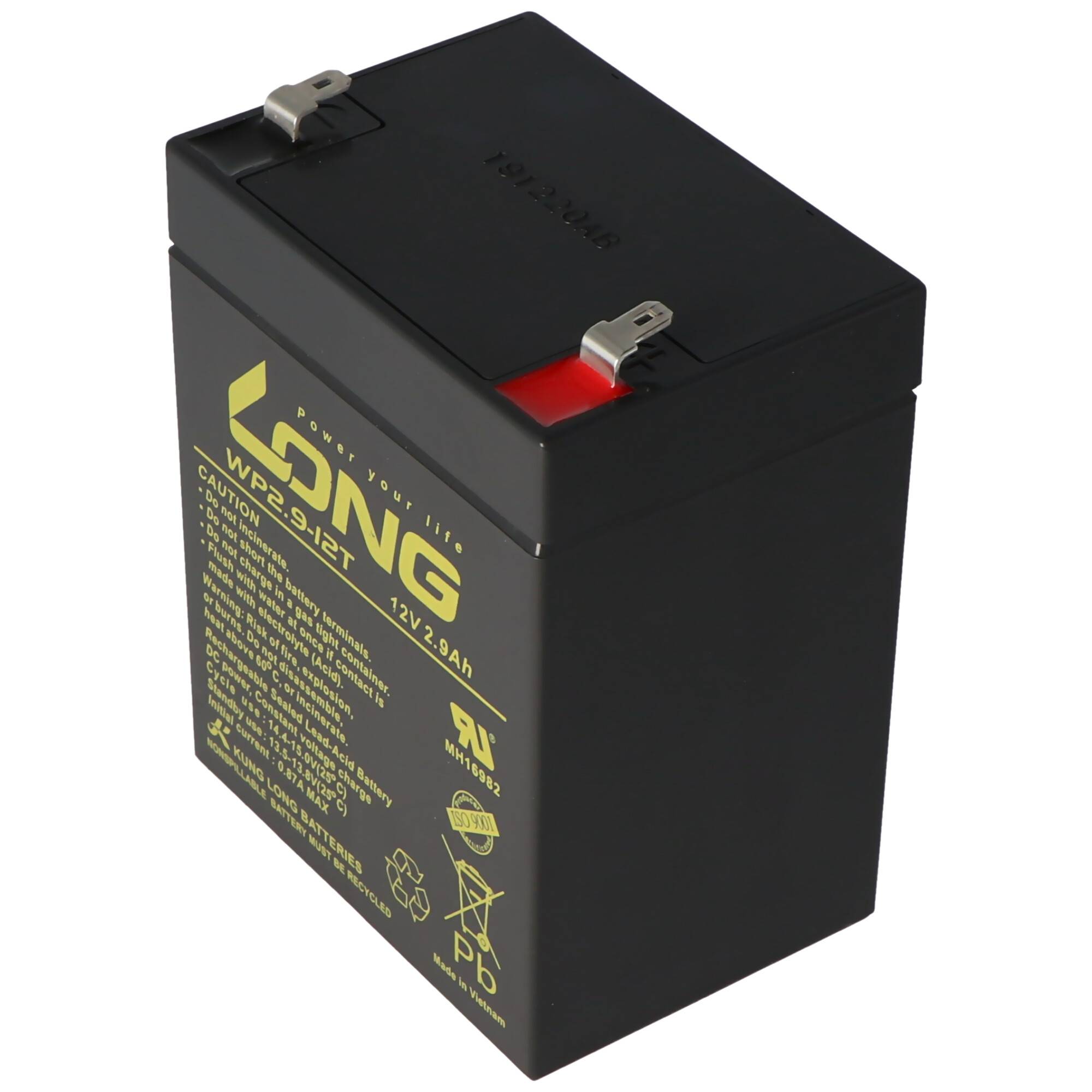 Schwarze rechteckige wiederaufladbare Batterie mit Metallklemmen, beschriftet mit „WPS-9.1P